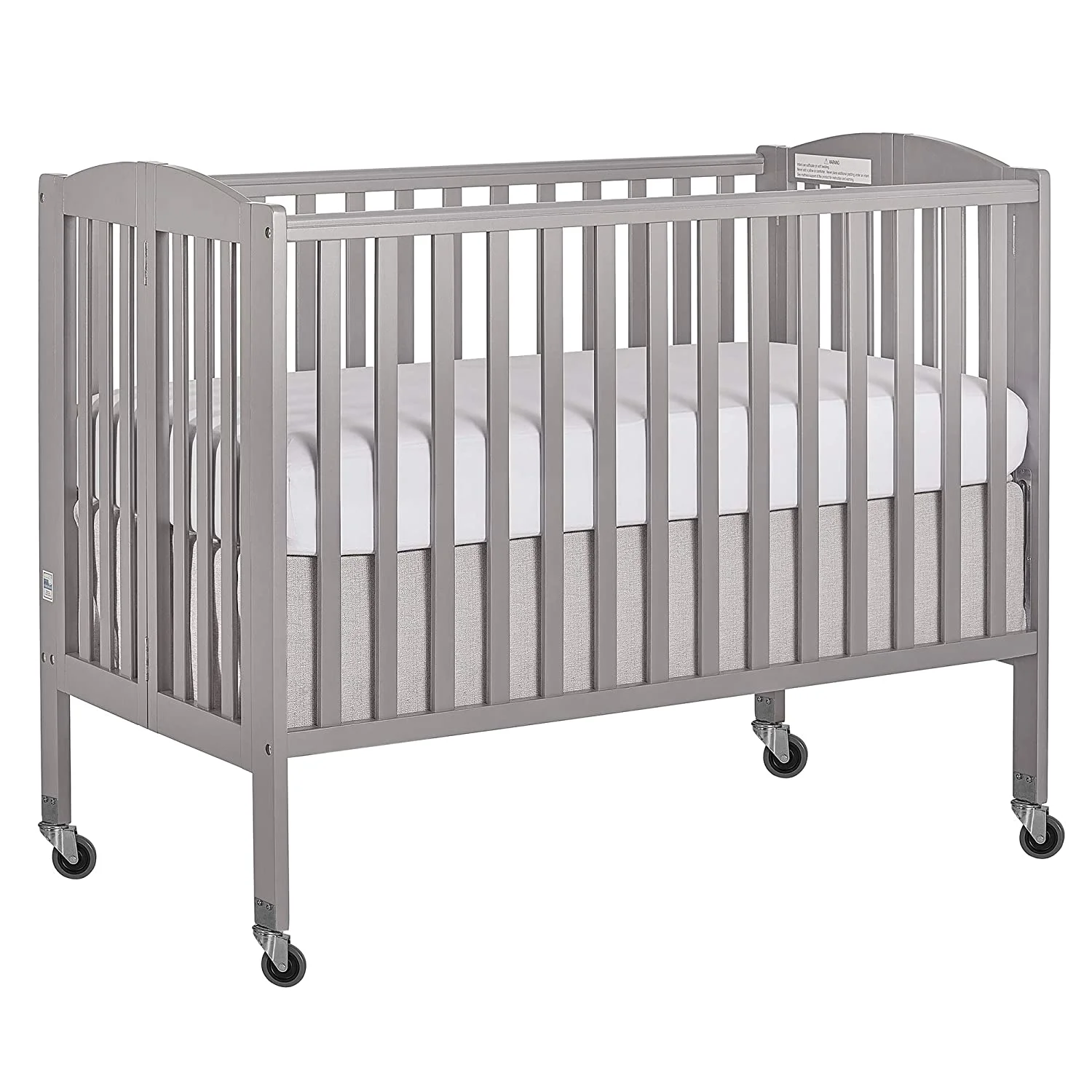 Folding Full Size Convenience Crib In Storm Grey, Two Adjustable Mattress Height Positions, Comes With Heavy Duty Locking Wheels, Flat Folding
