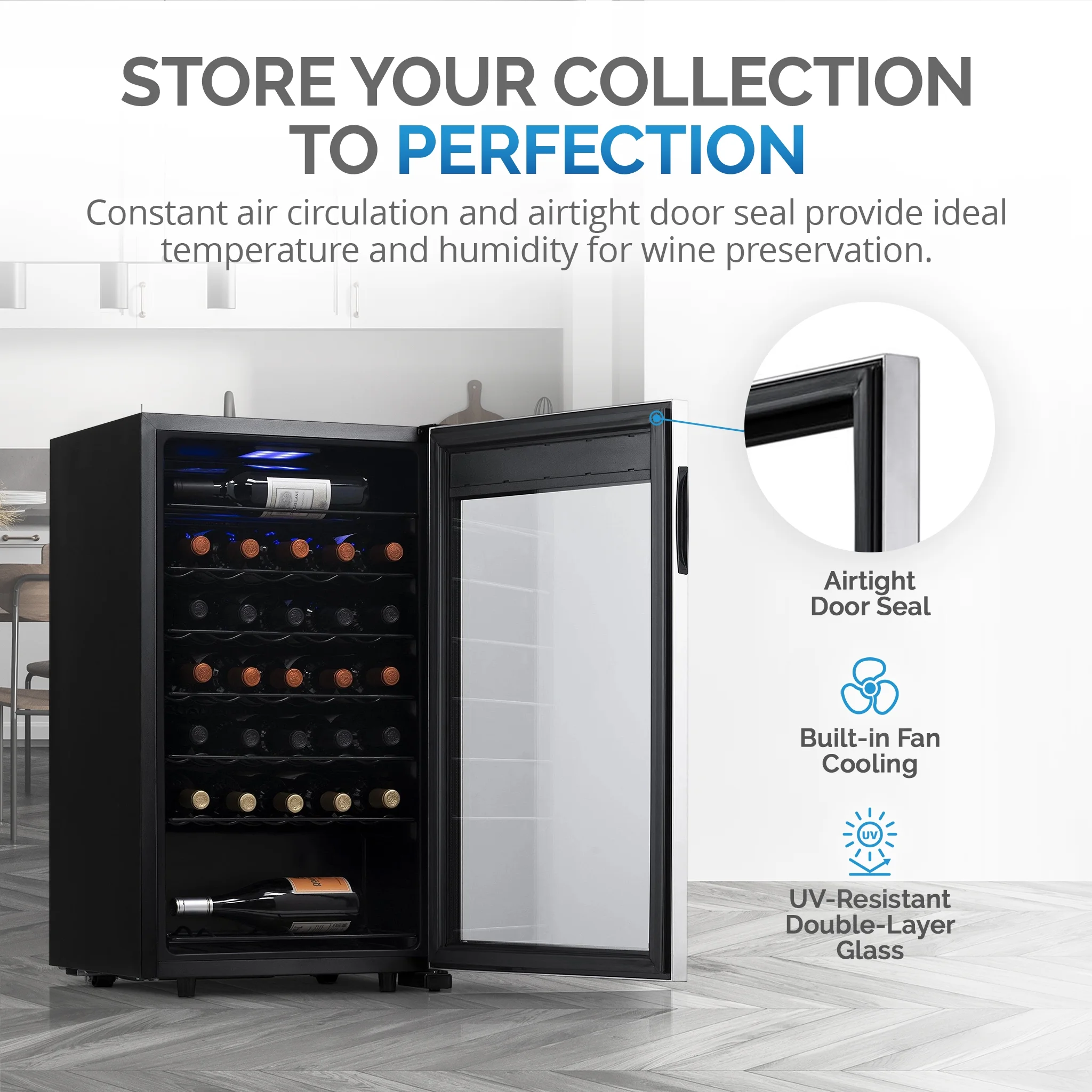 Newair Freestanding 33 Bottle Compressor Wine Fridge in Stainless Steel, Adjustable Racks and Exterior Digital Thermostat