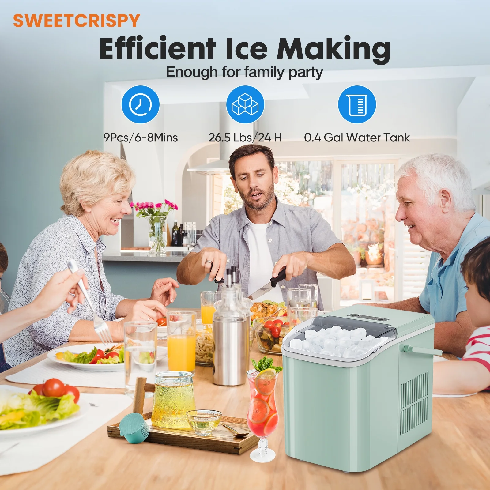 SWEETCRISPY Countertop Ice Maker, Portable Self-Cleaning Ice Machine with Ice Scoop, Basket and Handle, Green
