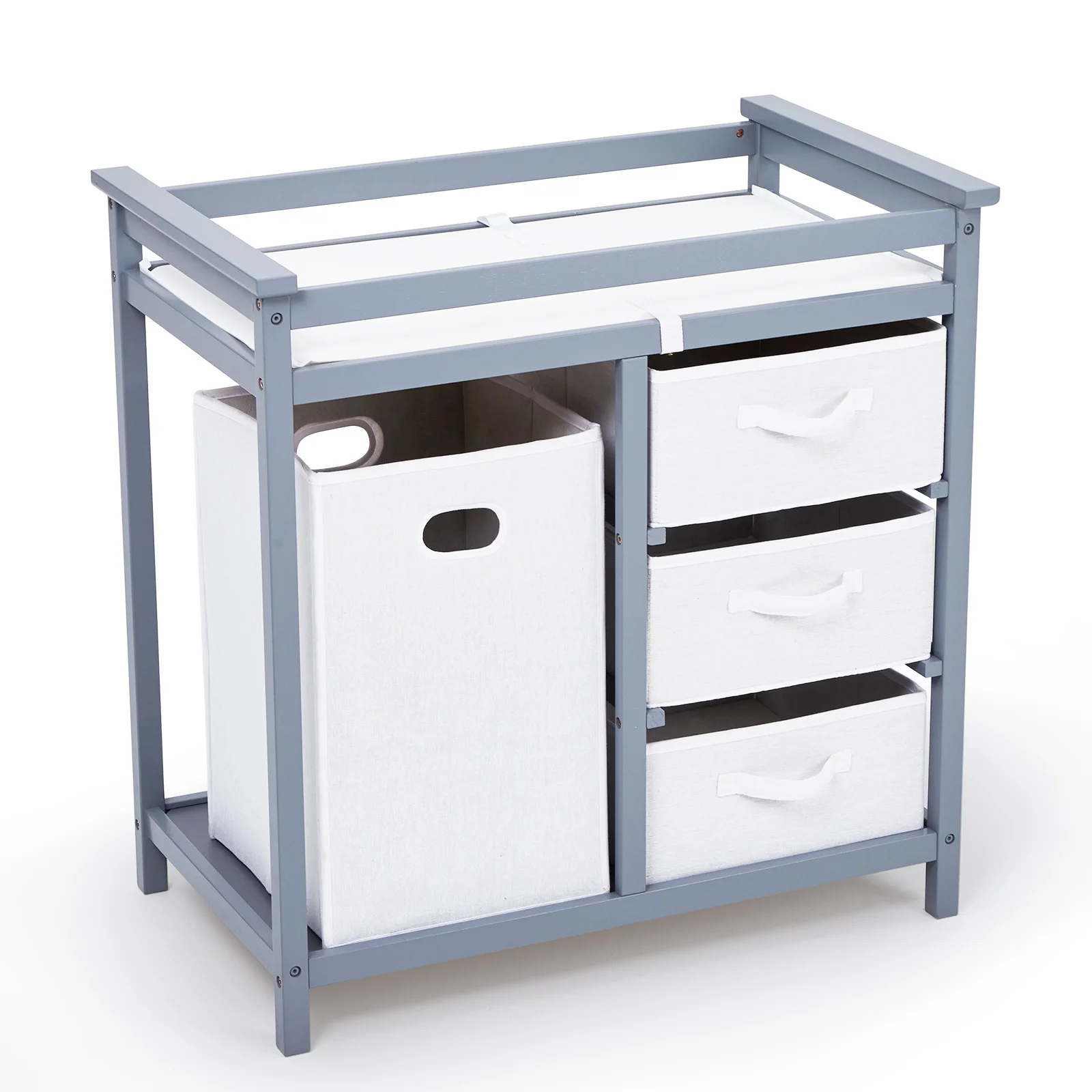 Baby Changing Table, Wooden Diaper Changing Table, Infant Diaper Changing Station Dresser with Laundry Hamper, 3 Drawer Basket and Changing Pad