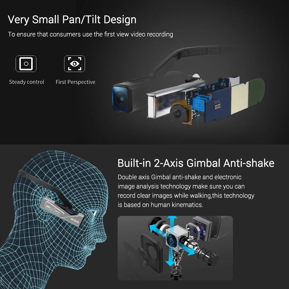 ORDRO EP7 Head Wearable 4K 60fps Video Camera First Person View Hands-Free Camcorder APP Control Autofocus Built-in 2- Gimbal -shake with Remote Control