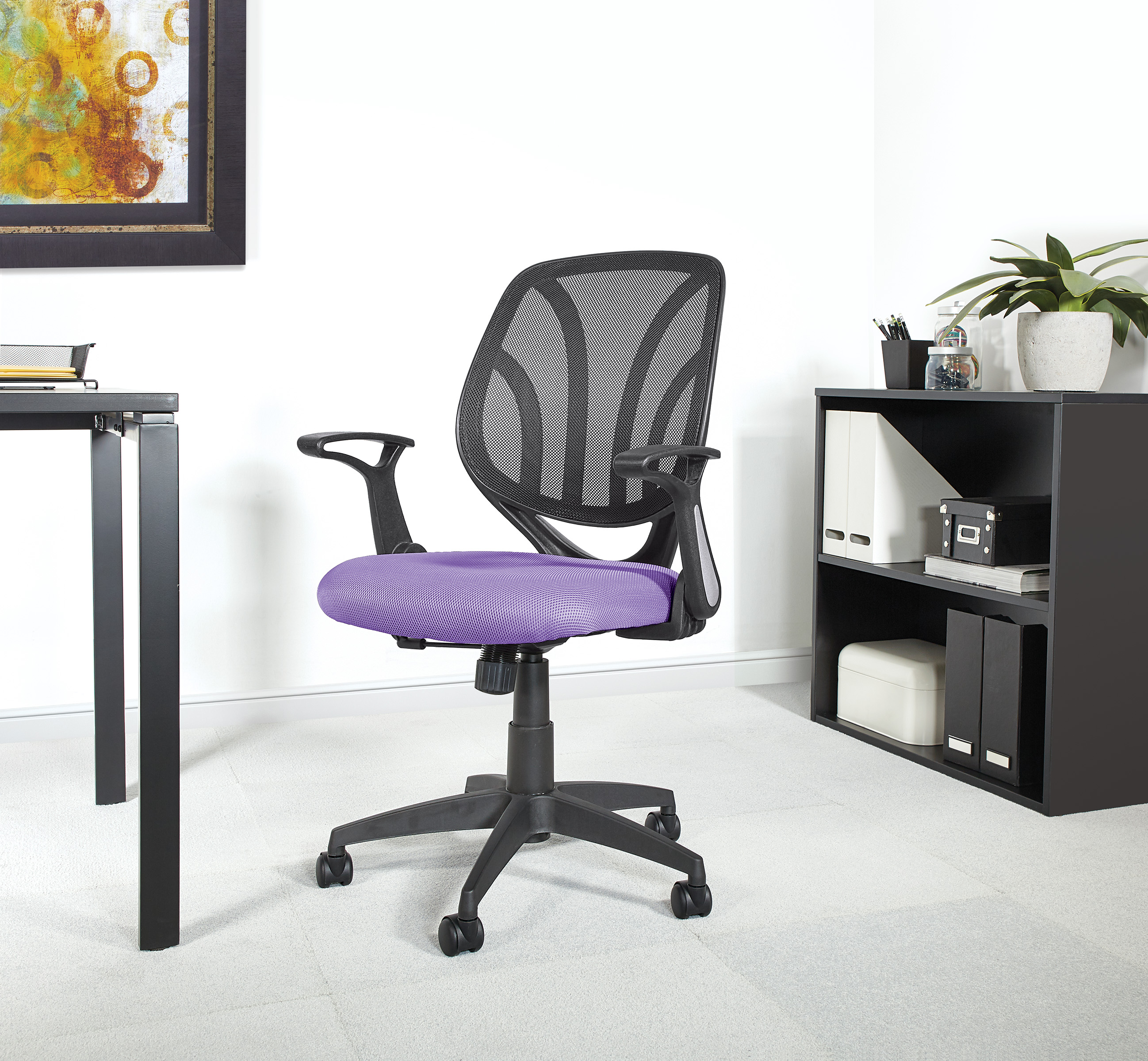 Office Star Products Screen Back Chair with Purple Mesh, Flip Arms, and Silver Accents
