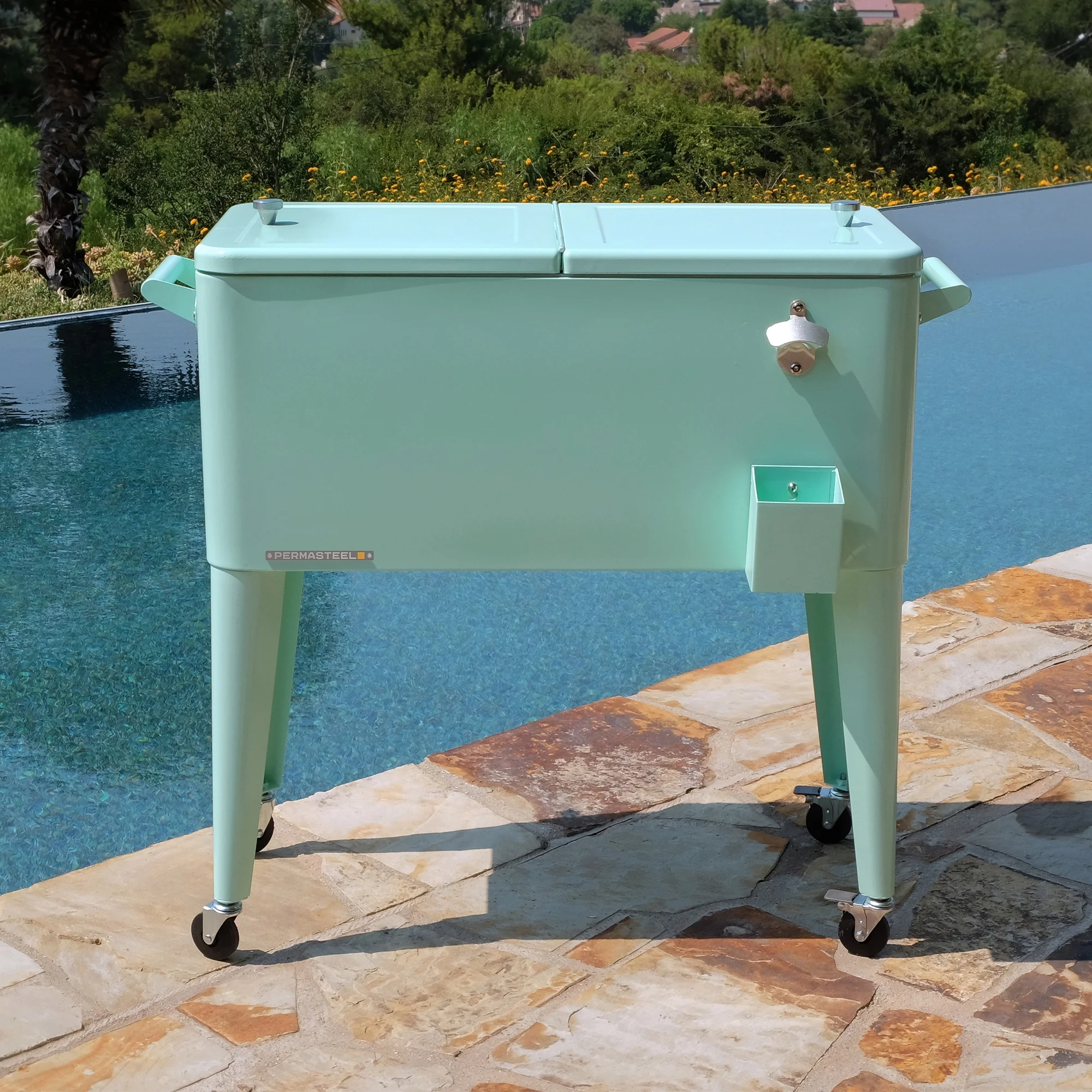 Permasteel 80-Qt Classic Outdoor Steel Patio Cooler on Wheels, Beverage Rolling Cart, Mint