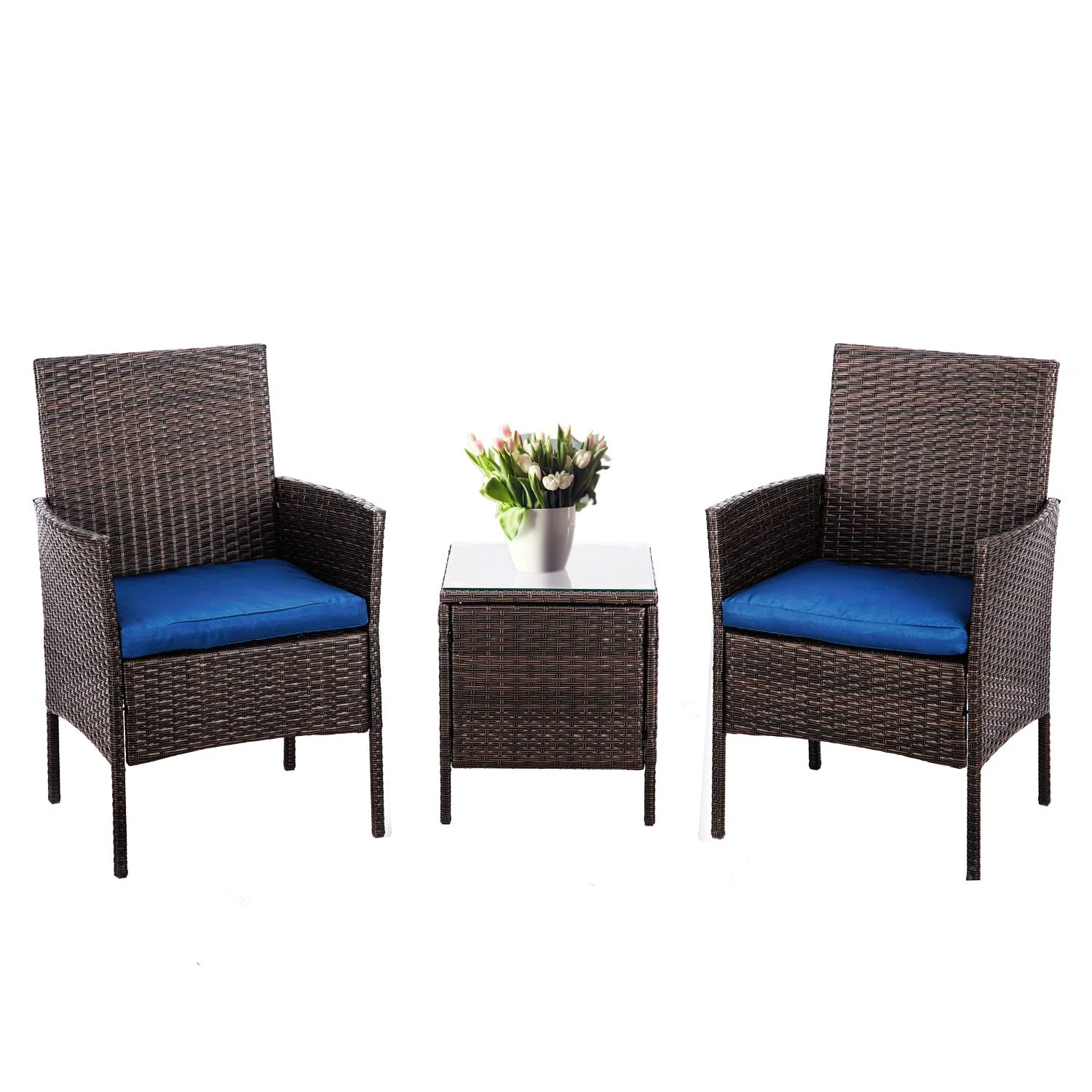 SUNCROWN 3-Piece Patio Furniture Outdoor Bistro Set All-Weather Brown Wicker and Glass Side Table with Dark Blue Cushions