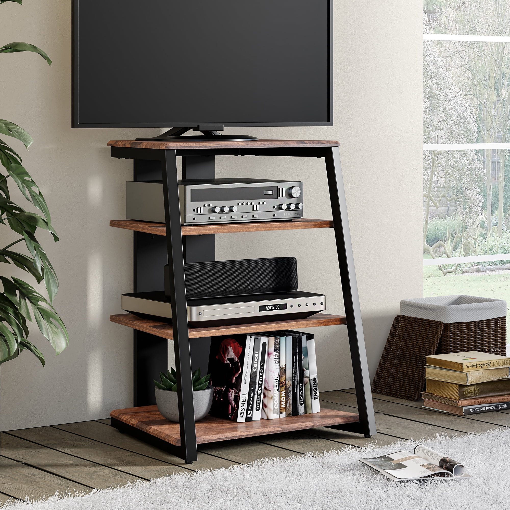 FITUEYES 4-Tier Wooden TV Stand Component Cabinet AV Media Stand Stereo Rack with Height Adjustable Shelves for TV accessories/DVD player/PS4/Xbox One