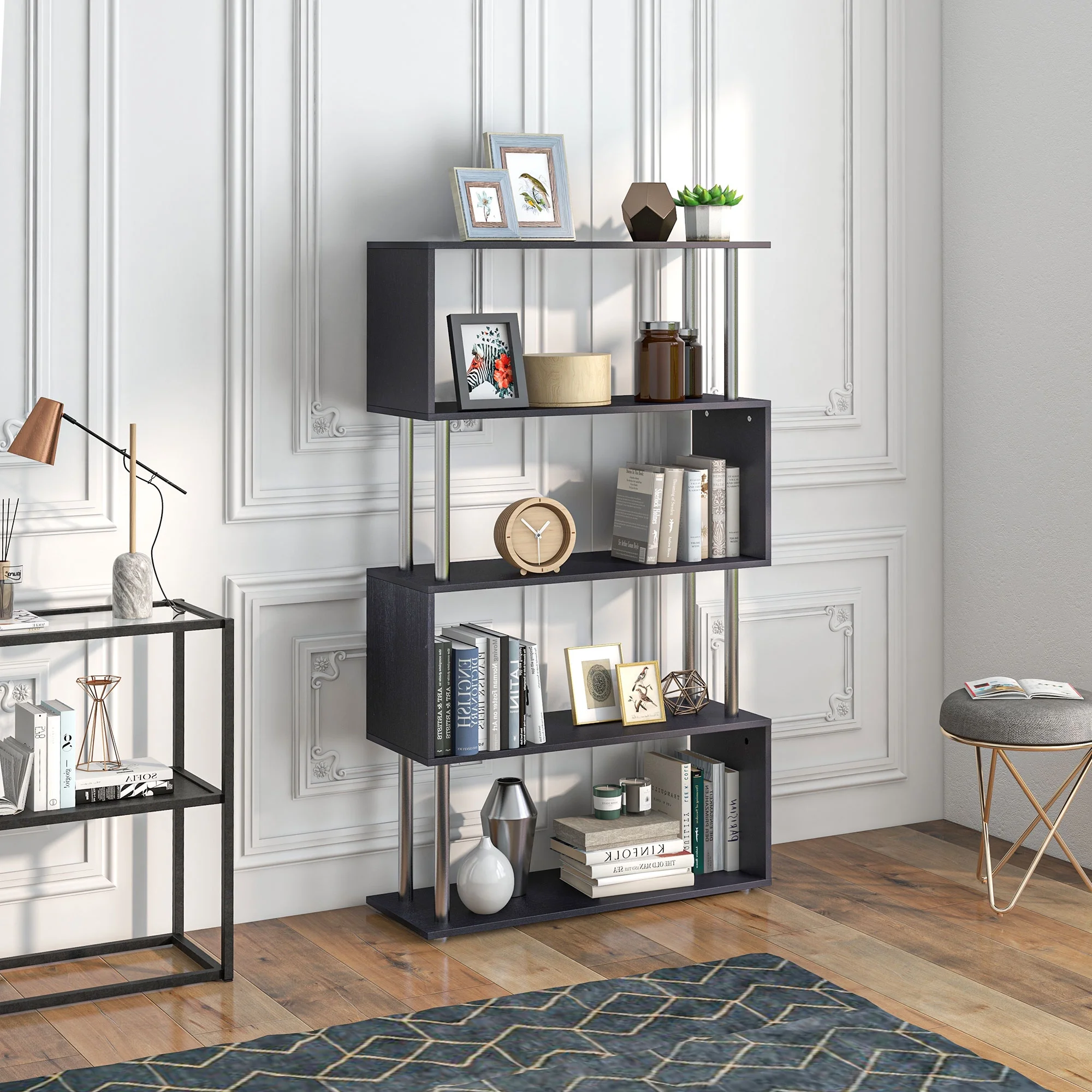 DeeHome Modern S-Shaped 5 Tier Room Dividing Bookcase Wooden Storage Display Stand Shelf - Black