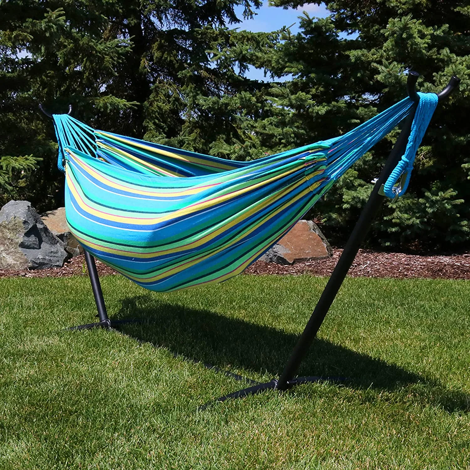 Double Brazilian Hammock with Stand and Carrying Case - 400-Pound Capacity - Black Stand - Sea Grass