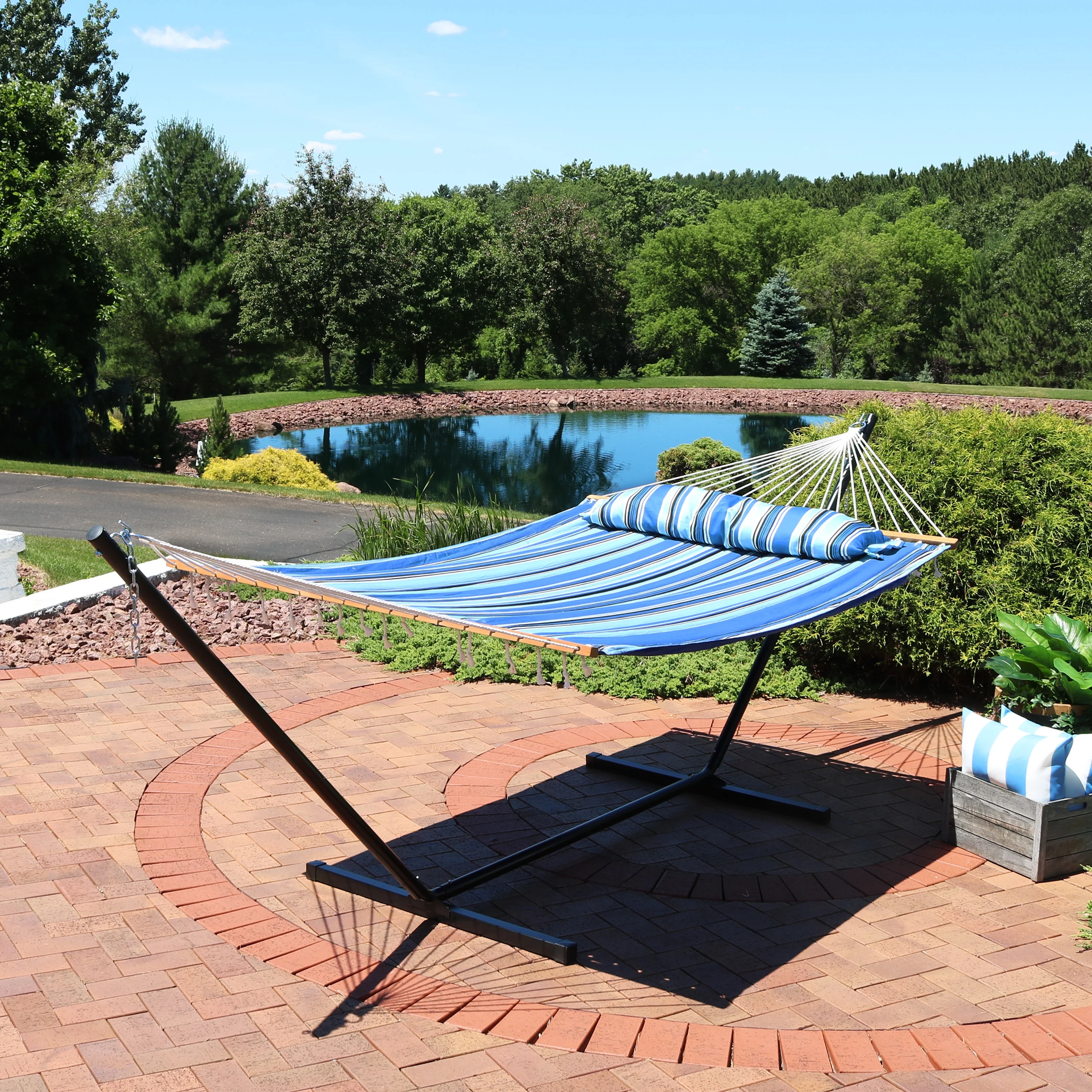 Sunnydaze 2-Person Freestanding Quilted Fabric Hammock with 12' Stand - Misty Beach