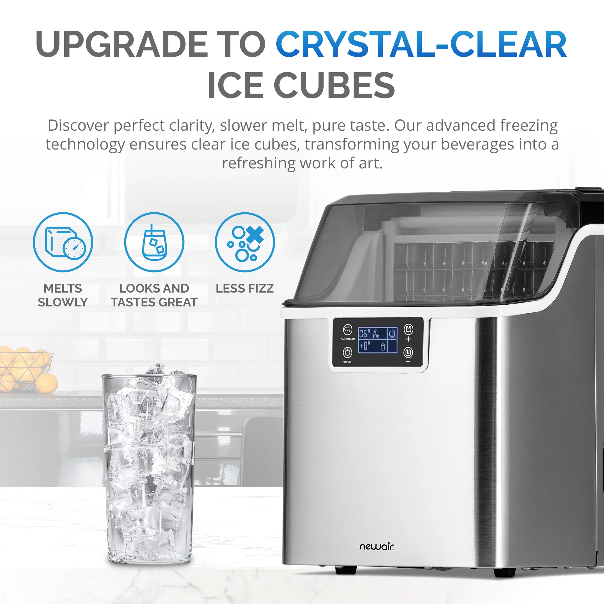 Newair Countertop Portable Clear Ice Cube Maker Machine, 45lbs/24H, Stainless Steel