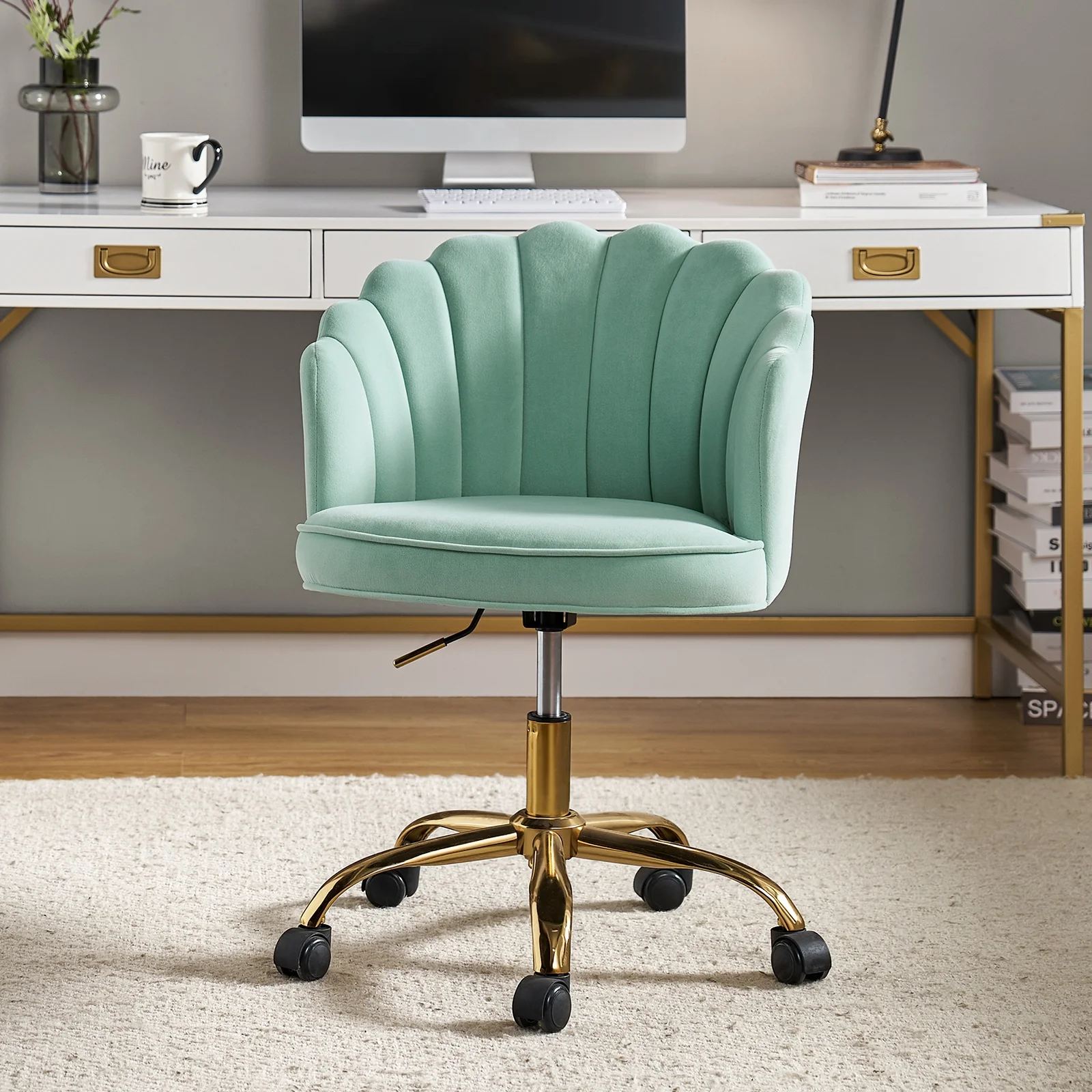 Makeup Vanity Chair Velvet Upholstered Office Task Rolling Desk Chairs Computer Swivel Adjustable Bedroom Mint Green Sage