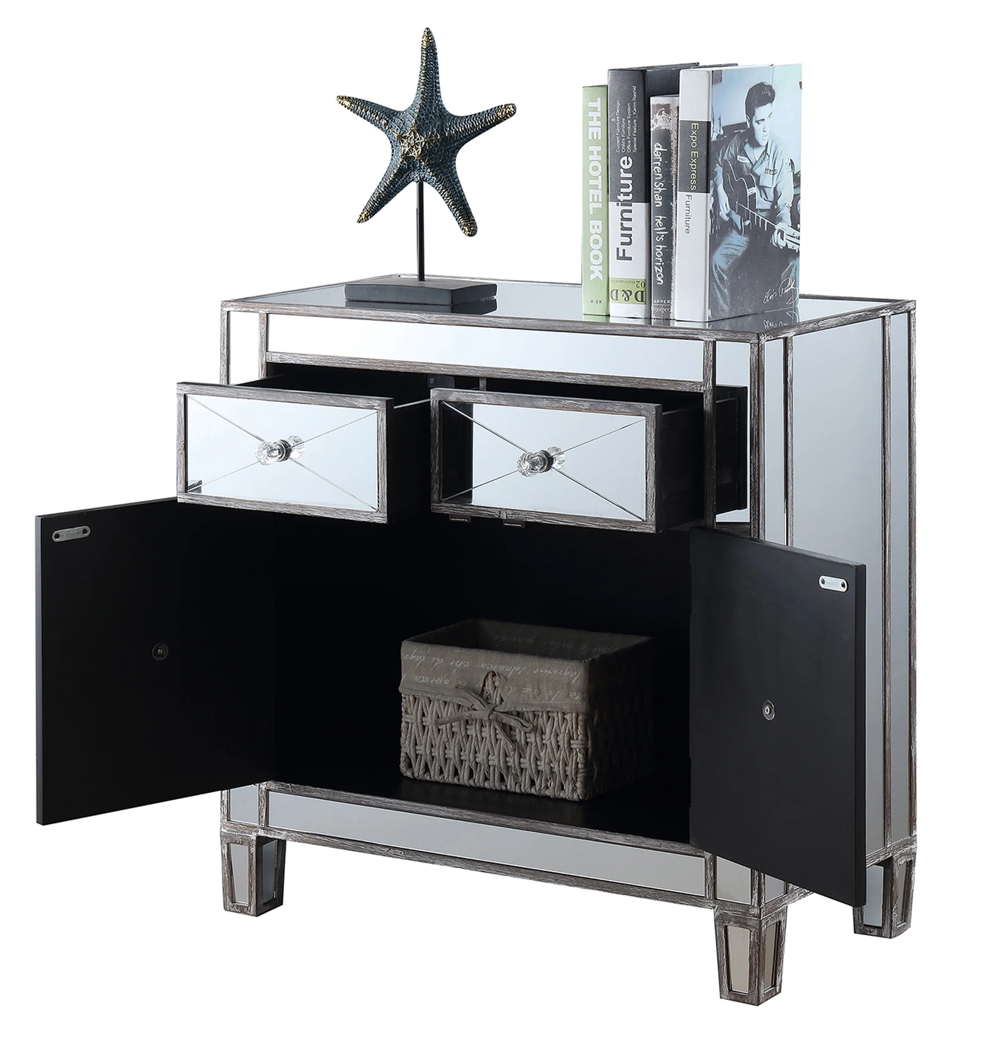 Convenience Concepts Gold Coast Vineyard 2 Drawer Mirrored Hall Table, Weathered Gray