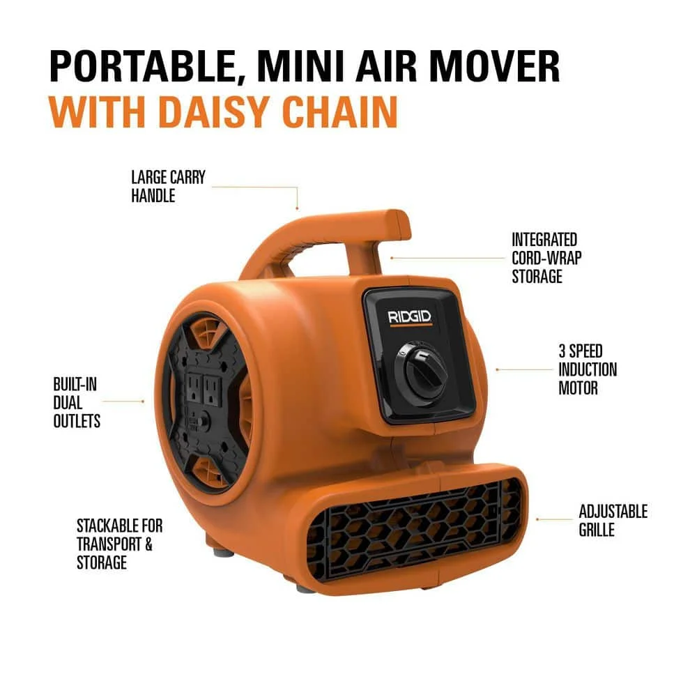 600 CFM 3-Speed Portable Blower Fan Air Mover with Daisy Chain, 3 Operating Positions for Water Damage Restoration