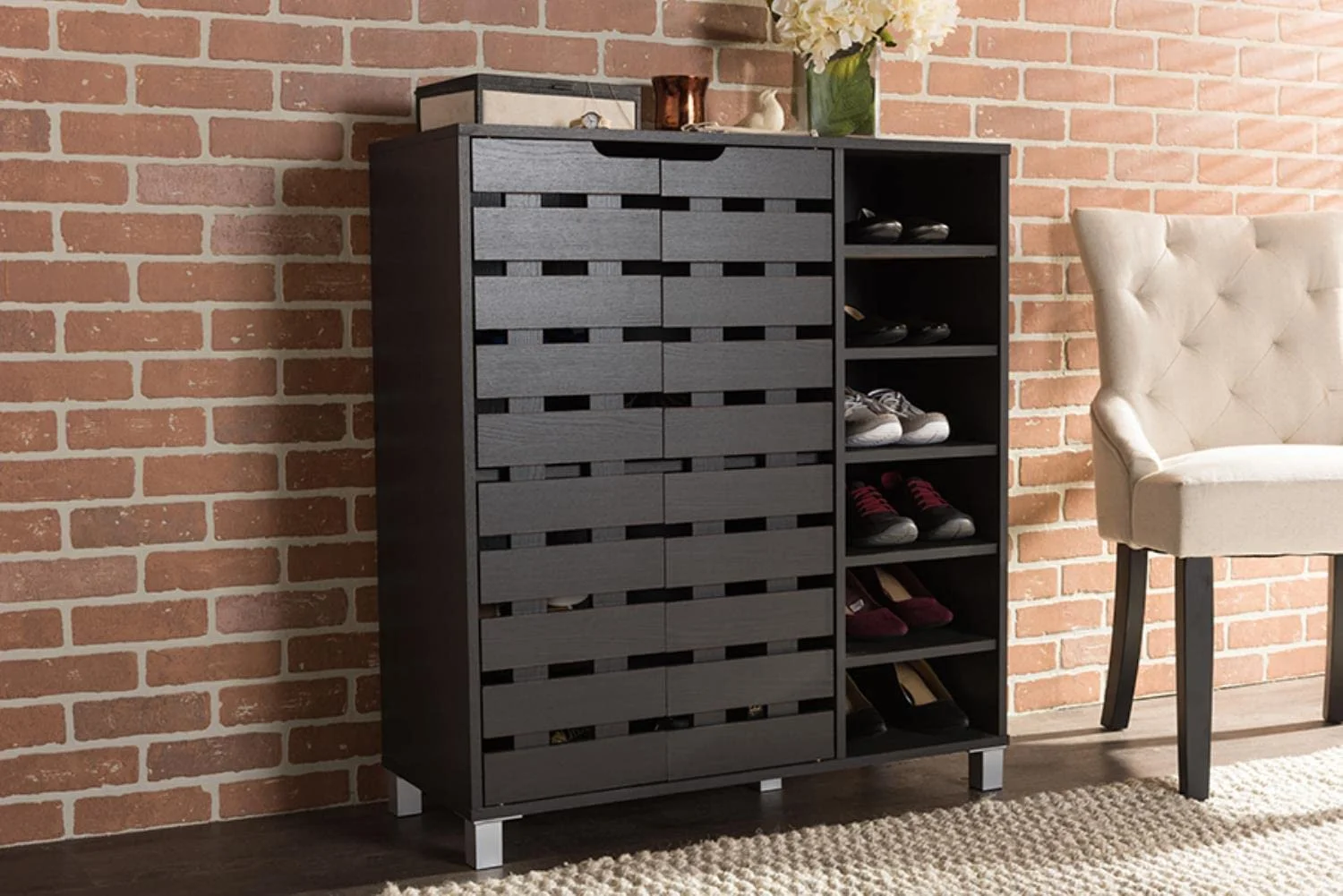 CHONGYAO Shirley Modern & Contemporary Wood 2-Door Shoe Cabinet with Open Shelves, Dark Brown