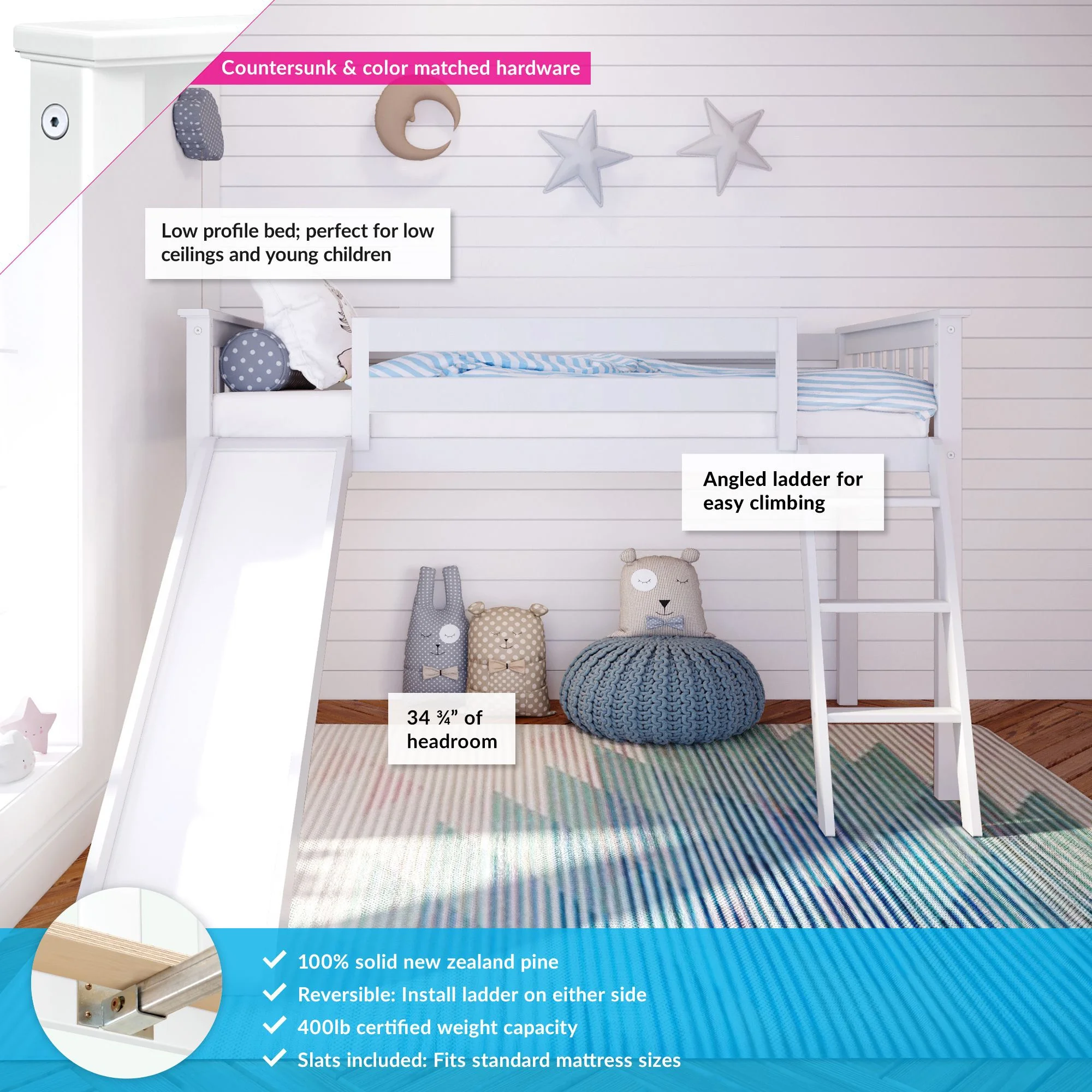 Max & Lily Twin Loft Bed with Slide, Solid Wood Loft Beds with Ladder for Kids, White