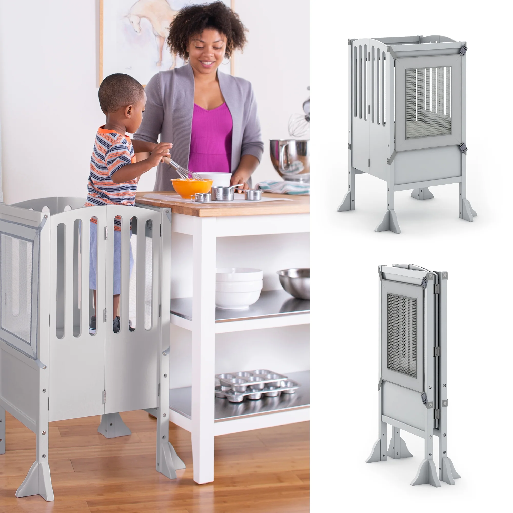 Guidecraft Contemporary Kitchen Helper Toddler Step Stool - Gray: Adjustable, Folding Kids Montessori Tower with Safety Mat and Keeper