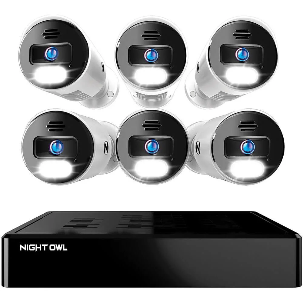 Night Owl 8-Channel 4K Bluetooth® NVR With 2TB Hard Drive And 6 Wired IP 4K Spotlight Cameras, Black/White