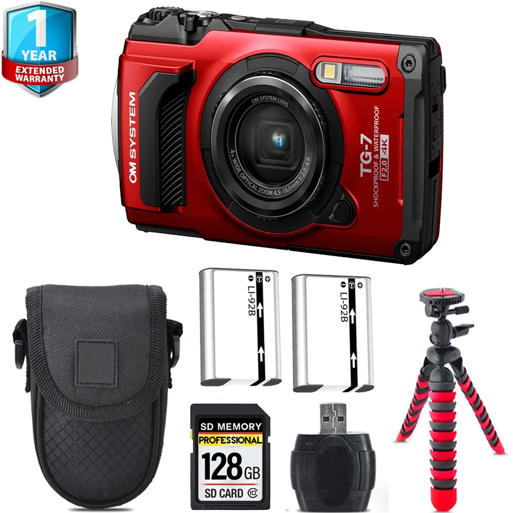 Olympus OM SYSTEM Tough TG-7 Digital Camera (Red) + Extra Battery +1 Yr Warranty + Case -128GB