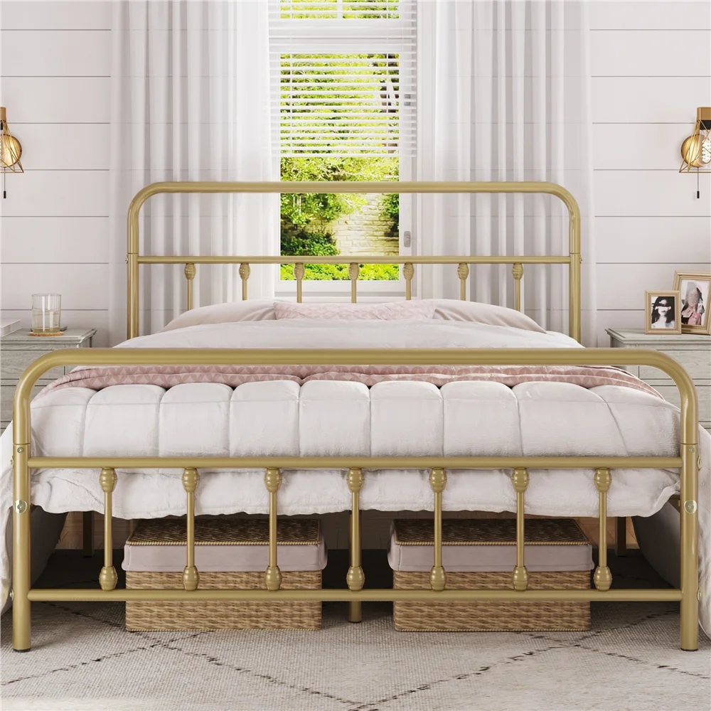 Yaheetech Classic Platform Bed with High Headboard and Footboard,Queen,Antique Gold