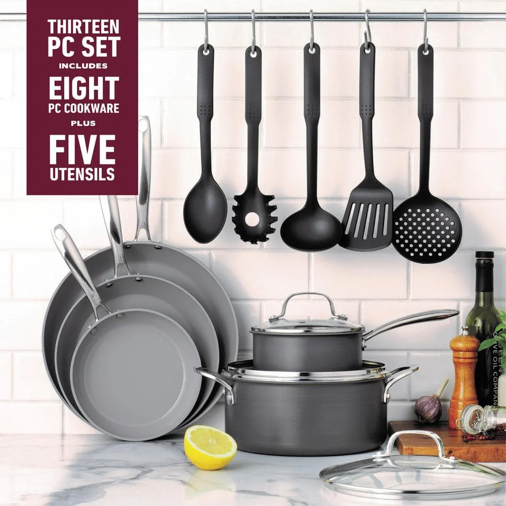 Professional 13-Piece Aluminum Hard Anodized Grey Ceramic Coating Nonstick Premium Cookware Set with Utensils