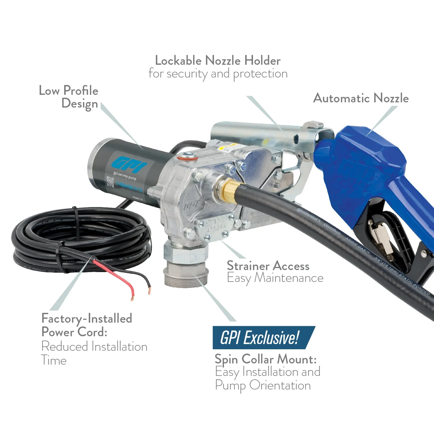 GPI M-150S Fuel Transfer Pump, Automatic Shut-Off Nozzle, 15 GPM Fuel Pump, 12' Hose, Power Cord, Spin Collar, Adjustable Suction Pipe (110000-100)