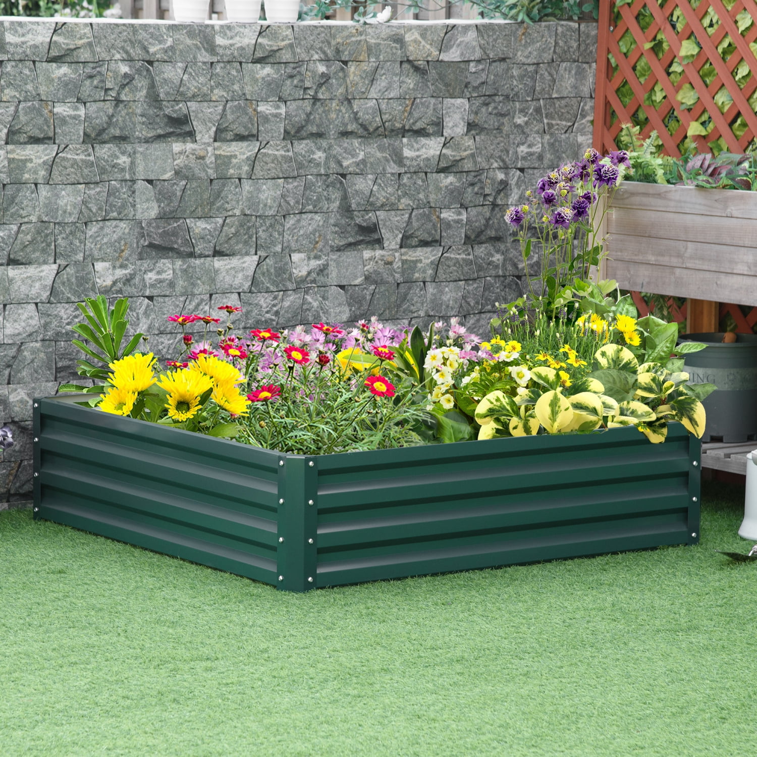 PNGCAN Outsunny Galvanized Raised Garden Bed 4‘ x 4‘ x 1‘ Metal Planter Box for Growing Vegetables Flowers Herbs Succulents Green