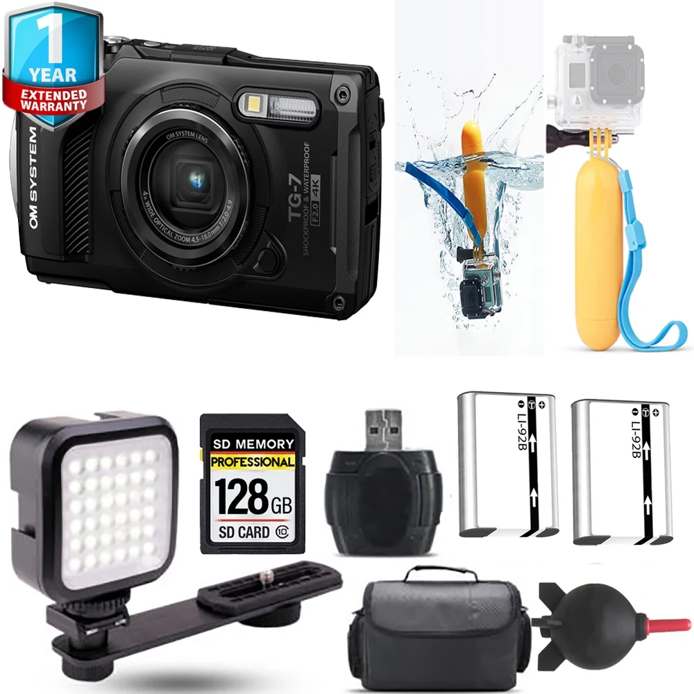 Olympus OM SYSTEM Tough TG-7 Digital Camera (Black) + Floating Hand Grip + Extra Battery + 1 Yr Warranty - 128GB Kit