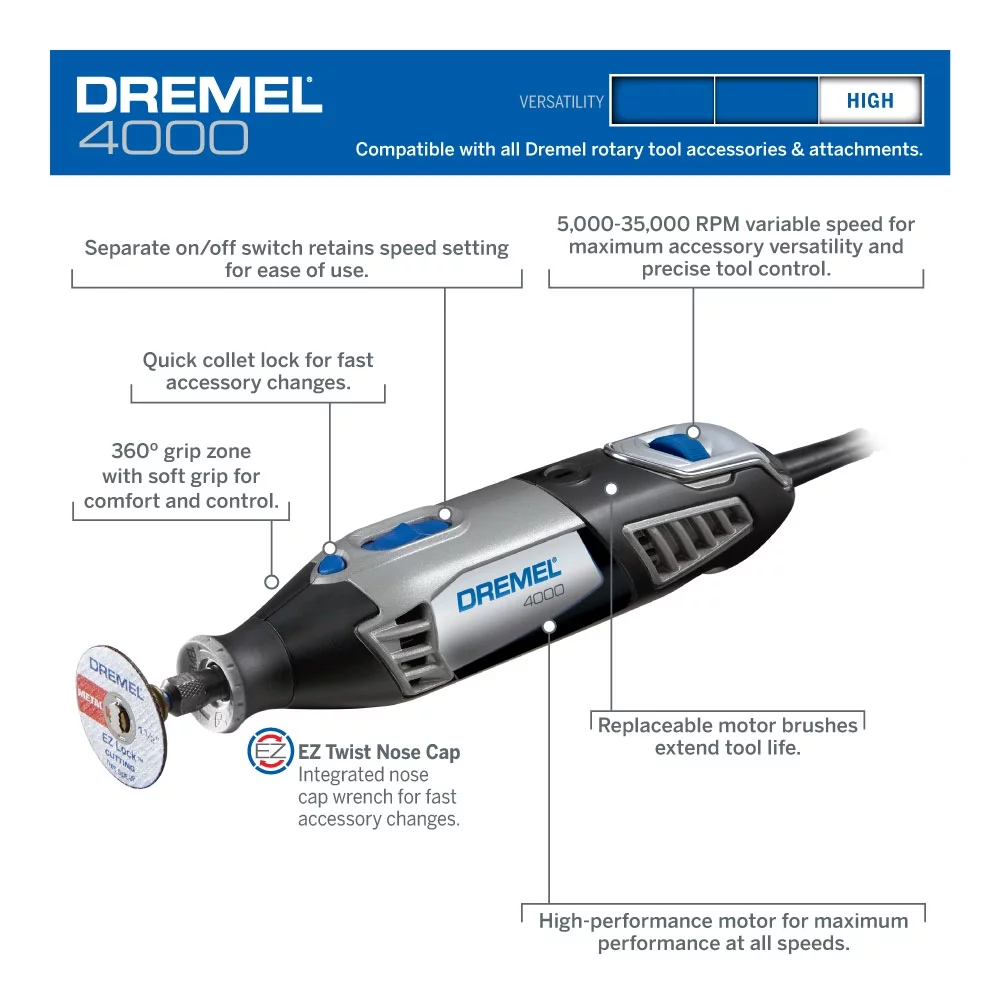 Dremel 4000-2/30 120-Volt Variable Speed High Performance Rotary Tool Kit, 2 Attachments & 30 Accessories