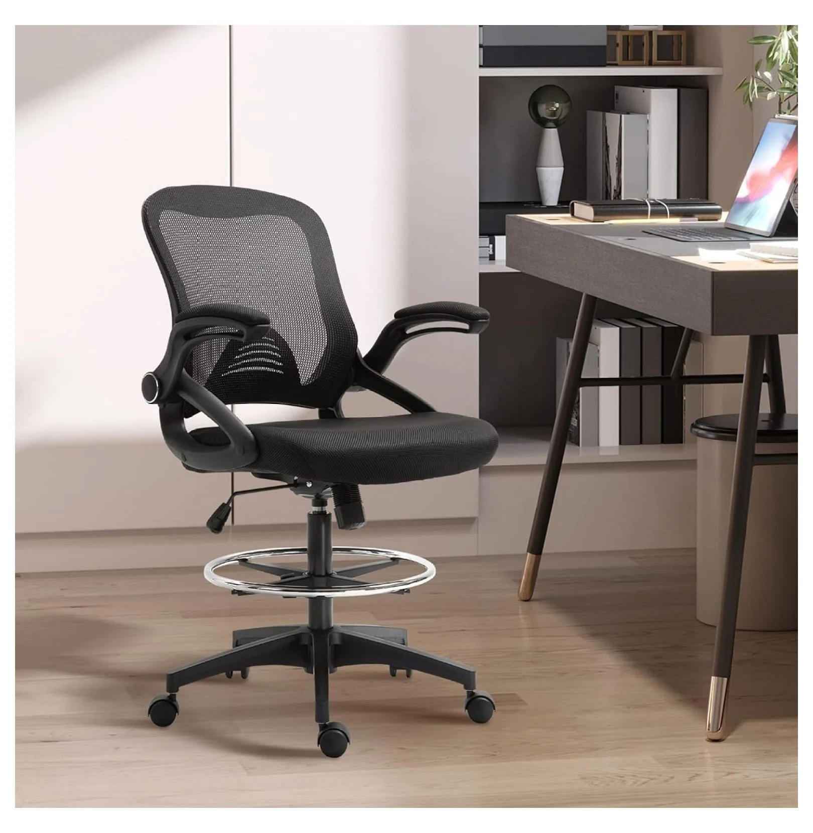 Jadona Mesh Drafting Chair, Tall Office Chair with Lumbar Support, -Up Armrests, Footrest Ring and Adjustable Seat Height, Black