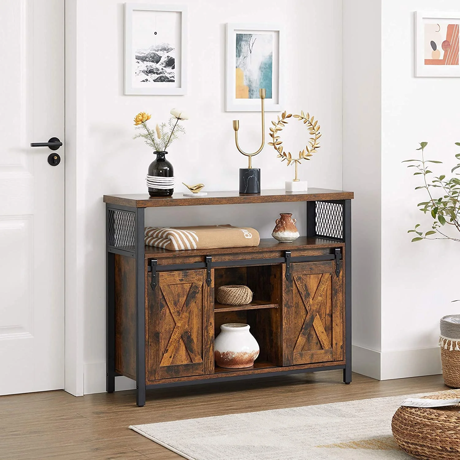 VASAGLE Buffet Sideboard Storage Cabinet with Adjustable Shelf and Sliding Barn Door Rustic Brown and Black