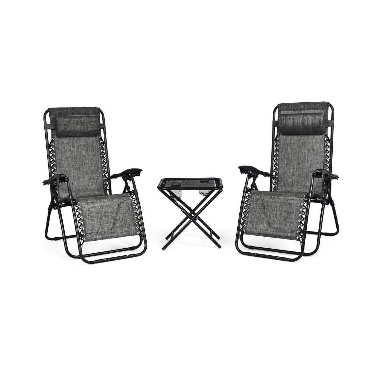 GVN 3 Pieces Folding Portable Zero Gravity Reclining Lounge Chairs Table Set, Deluxe Outdoor Patio, Gray