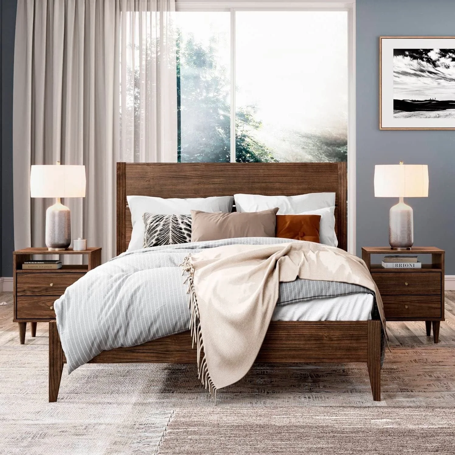 Grain Wood Furniture Mid Century Solid Wood Platform Bed, Queen Size, Brushed Walnut