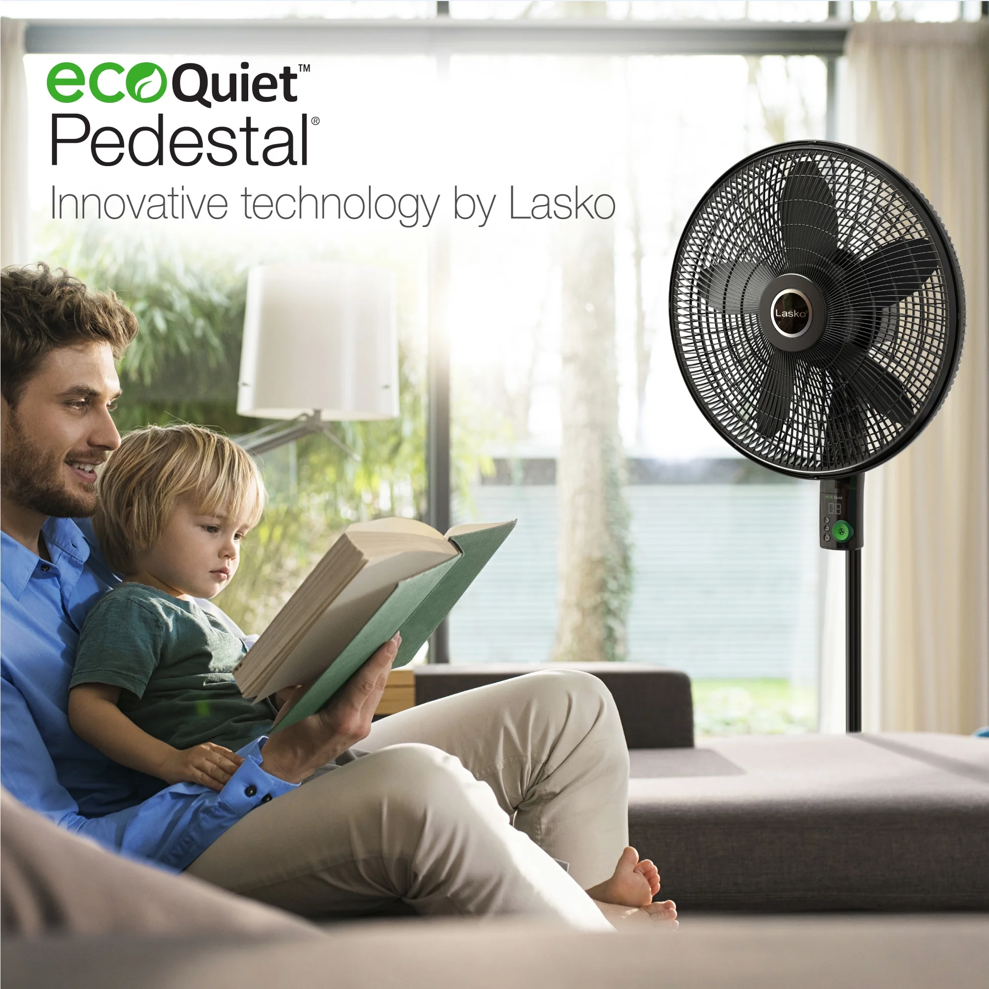 Lasko Oscillating 18” EcoQuiet DC Motor 12-Speed Pedestal Fan with Remote, S18708, Black