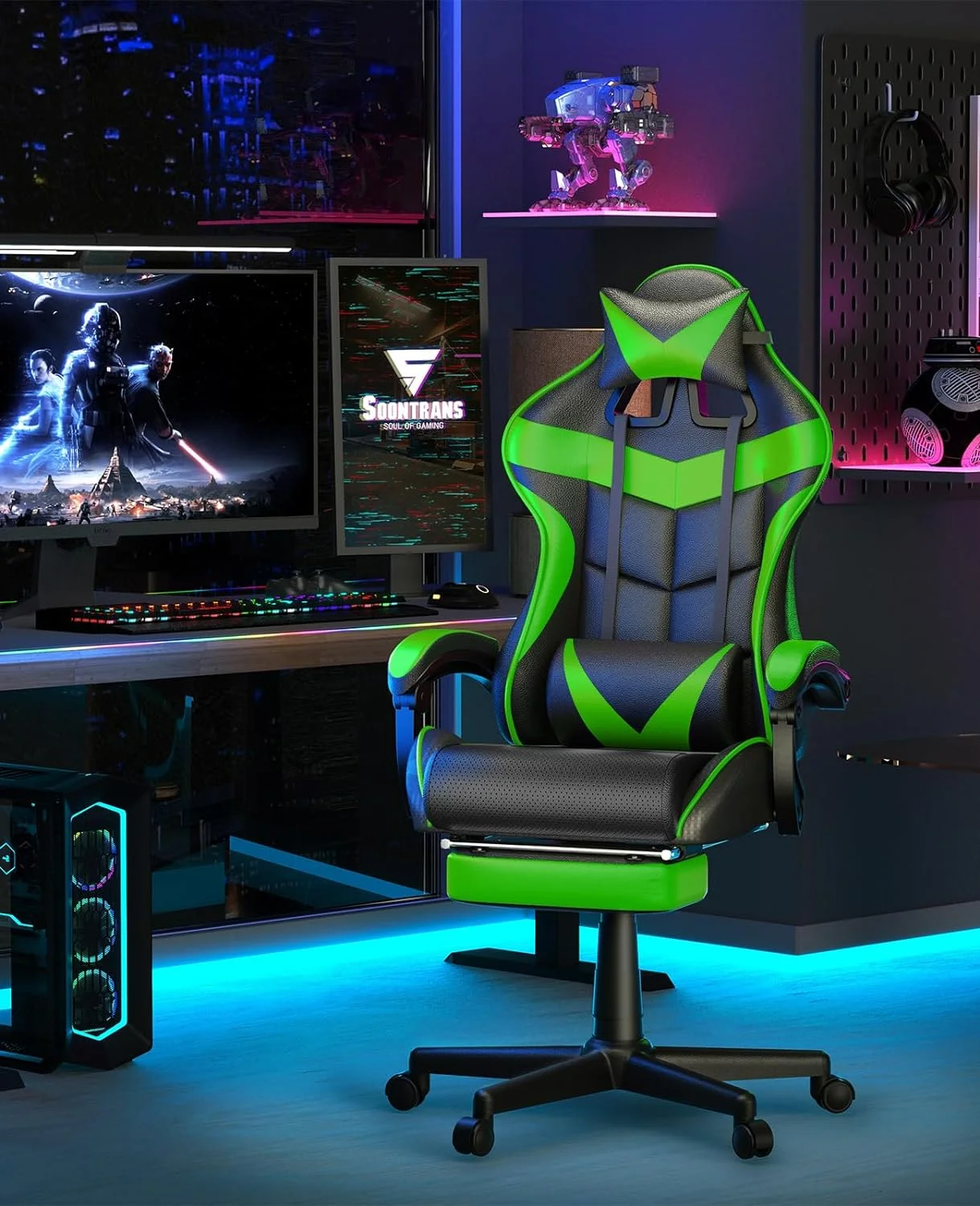 Green Gaming Chair with Footrest,Racing Gaming Chair,Computer Gamer Chair,Ergonomic Game Chair with Adjustable Headrest and Lumbar Support(Jungle Green)