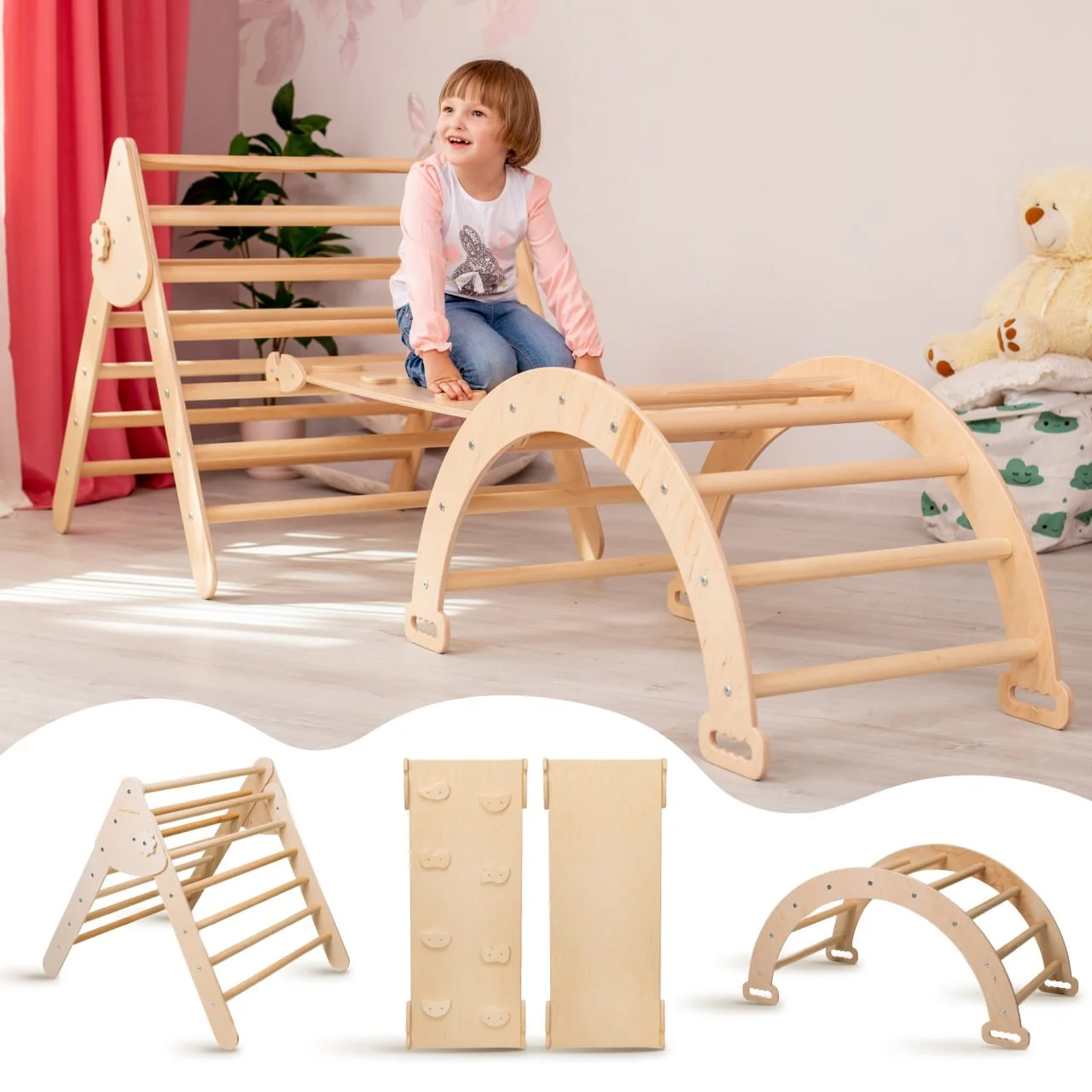 Woodandhearts Set of 3: Montessori Climbing Arch, Ramp and Triangle, Wooden Jungle Gym, 2-8 Year Kid