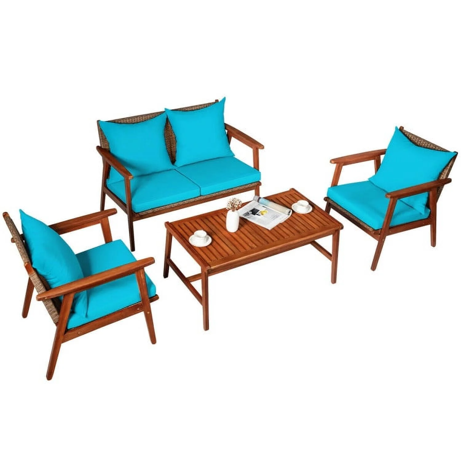 YYAo Garden Conversation Table Set, Conversation Loveseat Chairs Set, 4 Piece Acacia Wood Patio Rattan Furniture Set-Turquoise