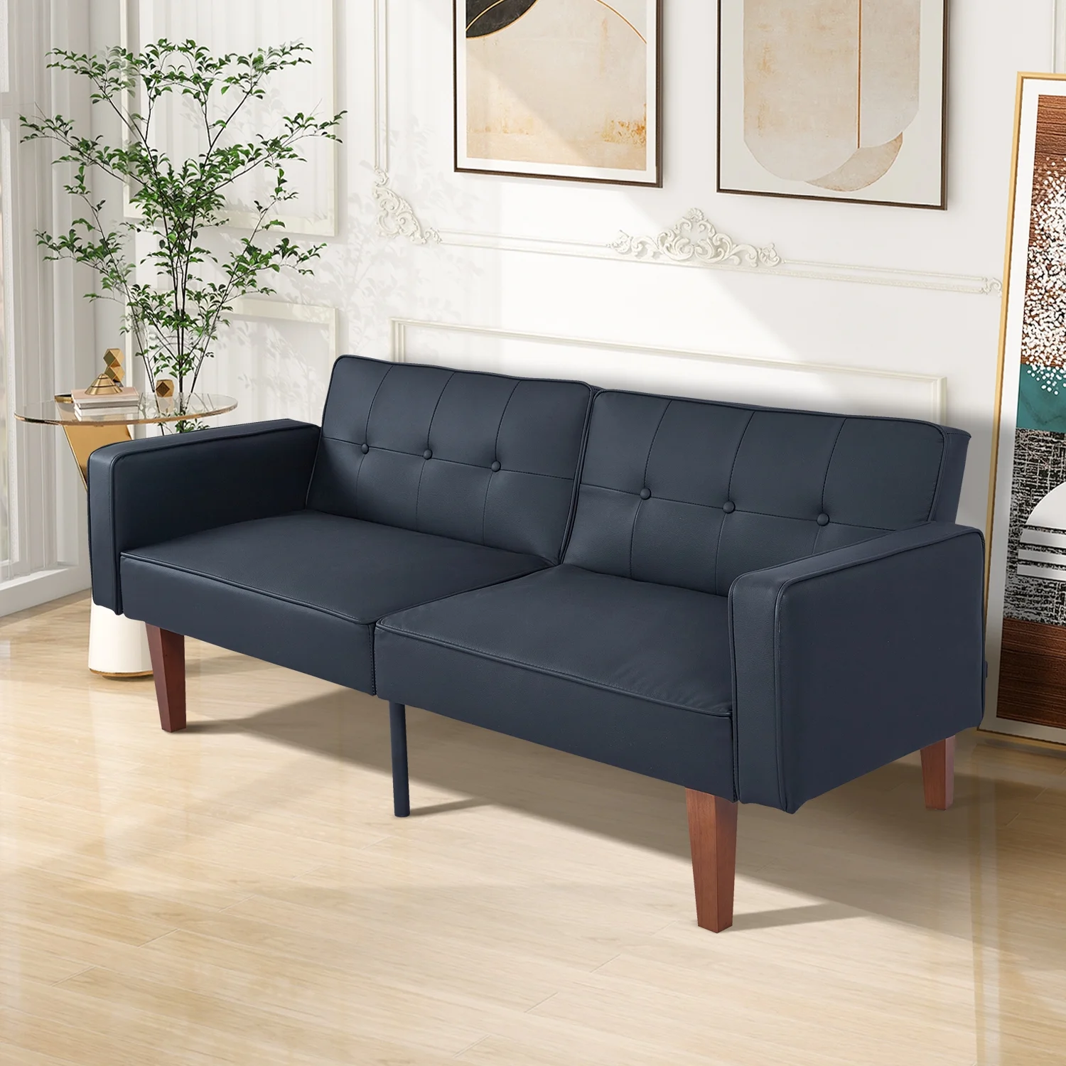 Smiaoer Convertible Futon Sofa Bed, 68″Fabric Futon Couch with Adjustable Backrest,Black