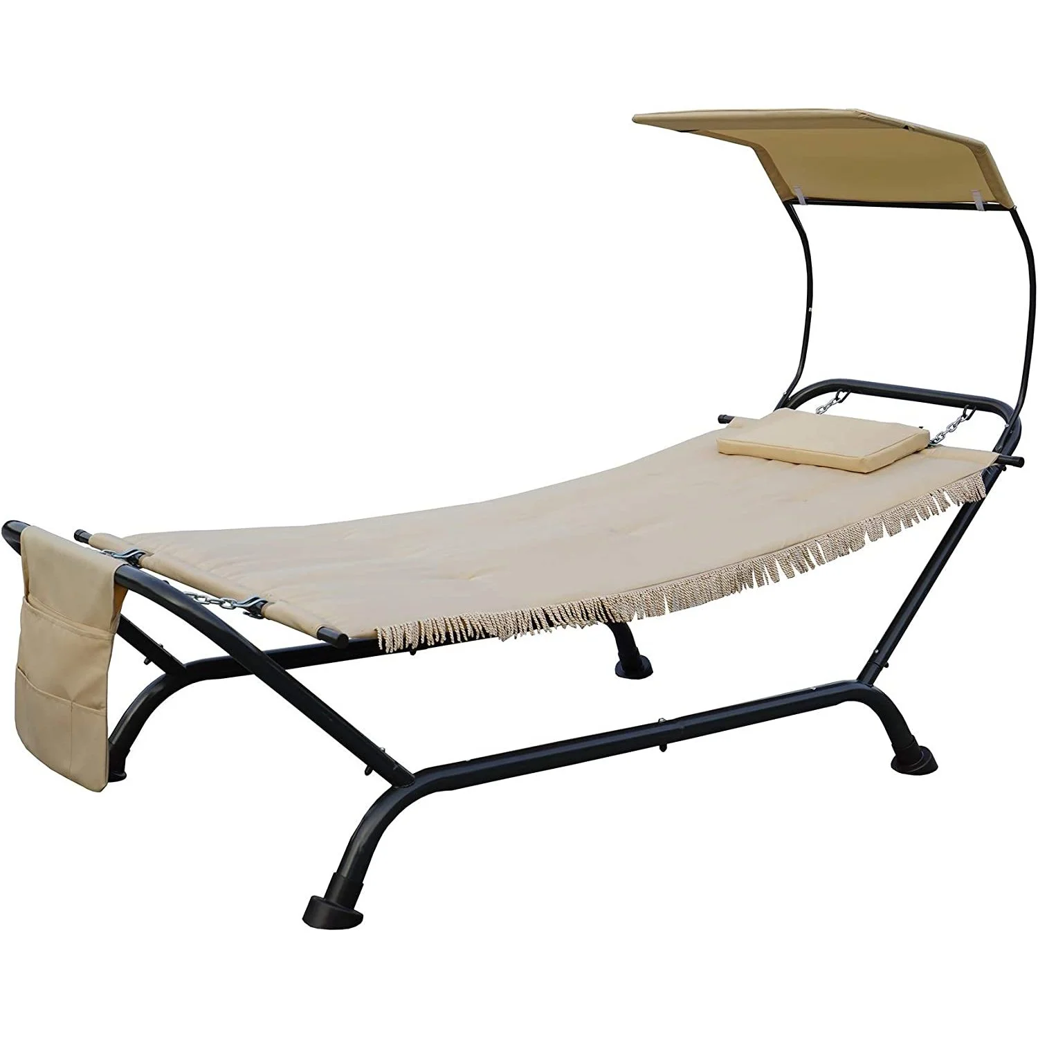 Suiebtxr Ailsa Outdoor Patio Hammock with Stand, Pillow, Storage Pockets (Beige Canvas and Black Frame)
