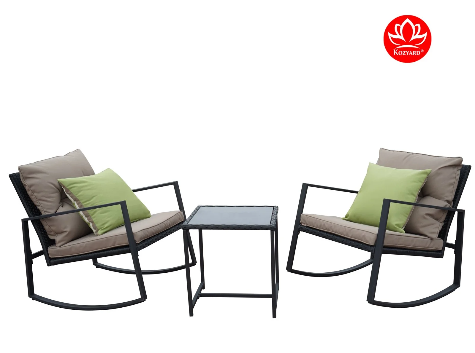 Moana Outdoor 3-piece Rocking Wicker Bistro Set, Two Chairs and One Glass Coffee Table, Black Wicker Furniture(Taupe Cushion + Lime Stripe Pillow)