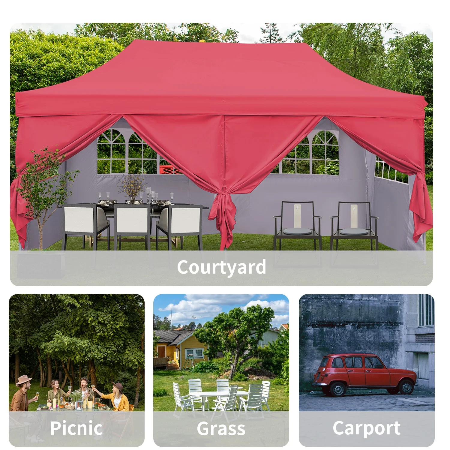 Outdoor Basic 10' x 20' Pop up Instant Canopies Tent with 6 Removable Sidewalls for Party Commercial Activity, Red