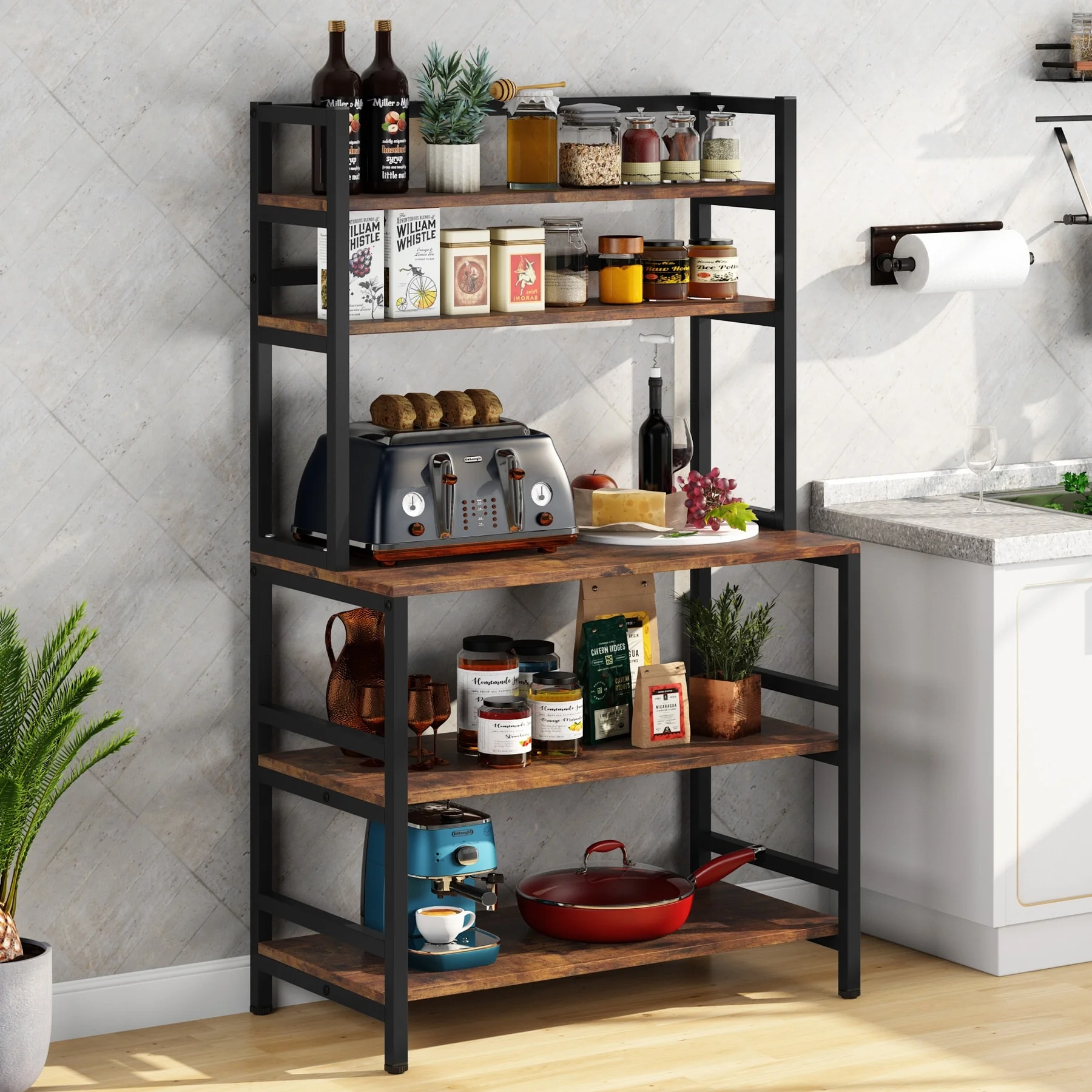 5-Tier Kitchen Bakers Rack Utility Storage Shelf Microwave Oven Stand, Industrial Microwave Cart Kitchen Stand with Hutch Black