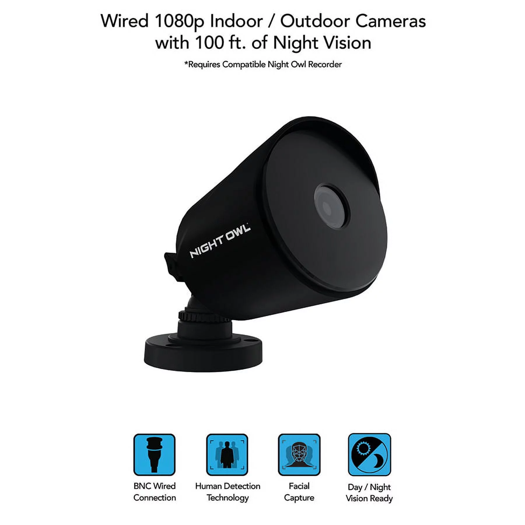 Night Owl Wired 1080p HD Surveillance Bullet Cameras, Indoor Outdoor, Night Vision, Black, 2-Pack, Add to a Compatible Night Owl Recorder