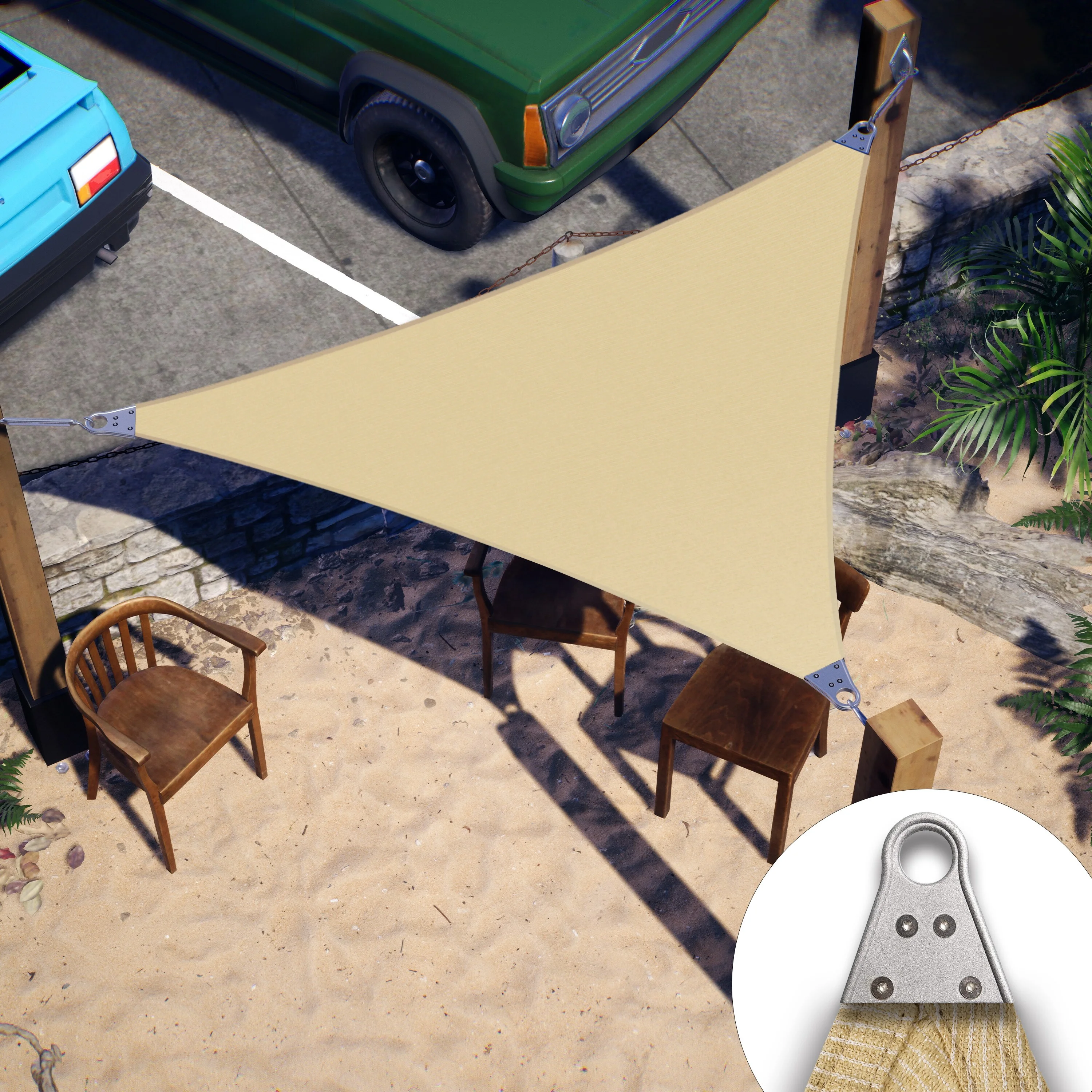 ColourTreeUSA Triangle Sun Shade Sail Reinforced Super Ring HDPE Mesh Fabric Screen Canopy UV Block 260 GSM 24' x 24' x 24' - Beige