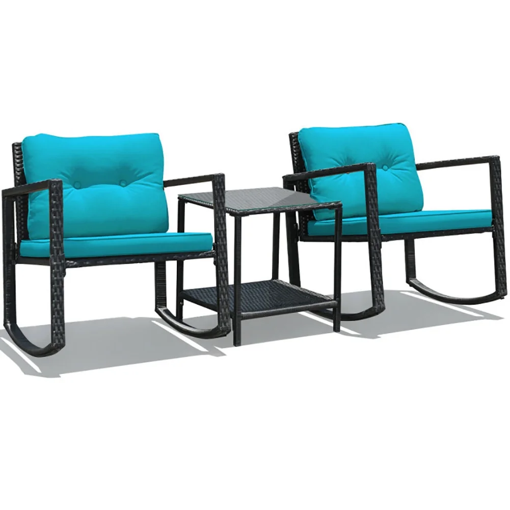 Topcobe Cushioned Patio Rattan Seating Rocking Chair Glass Table Set 3 Pieces with Steel Frame Furniture, Black