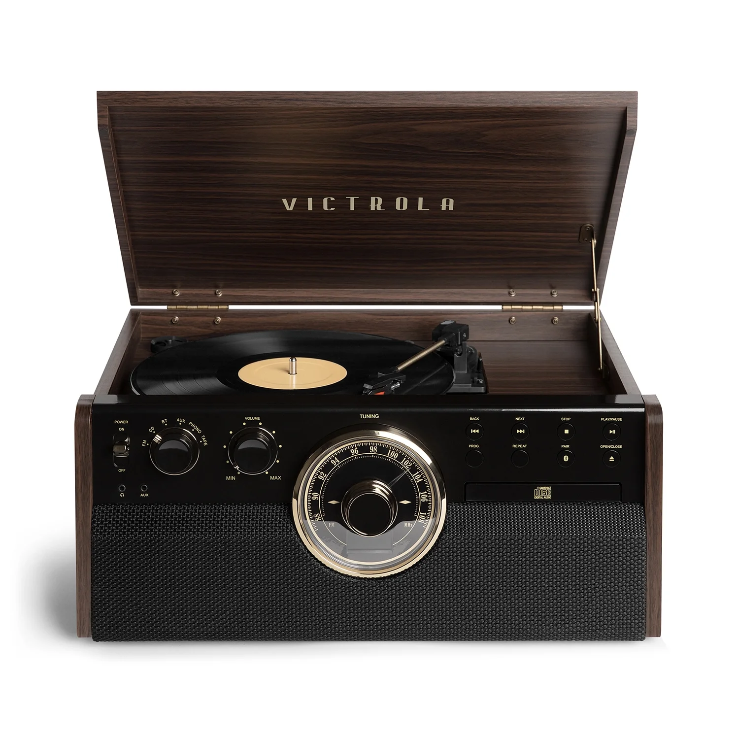 Victrola 6-in-1 Wood Empire Mid Century Modern Bluetooth Record Player with 3-Speed Turntable, CD, Cassette Player and Radio - Espresso