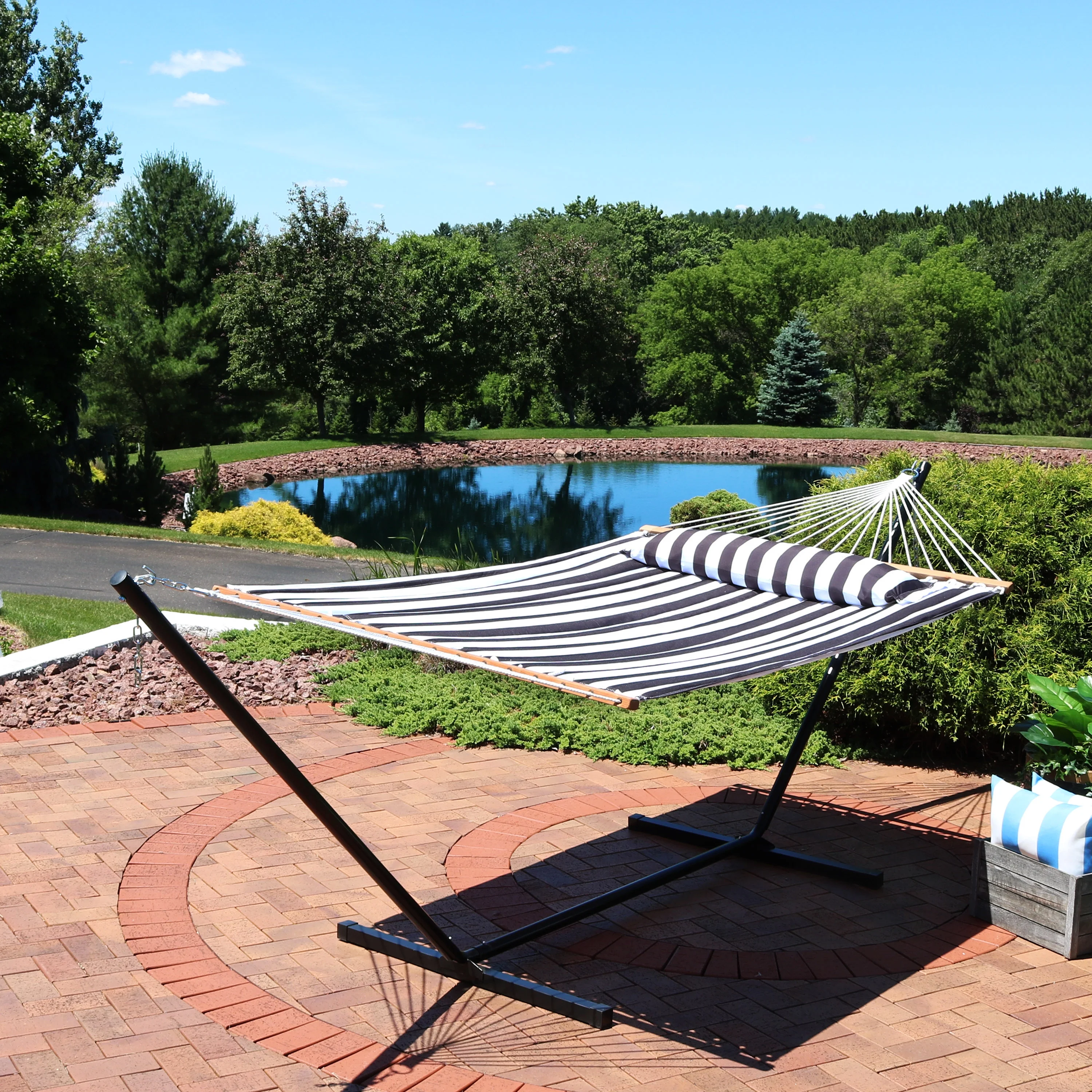 Sunnydaze 2-Person Freestanding Quilted Fabric Hammock with 12' Stand - Black and White Stripe