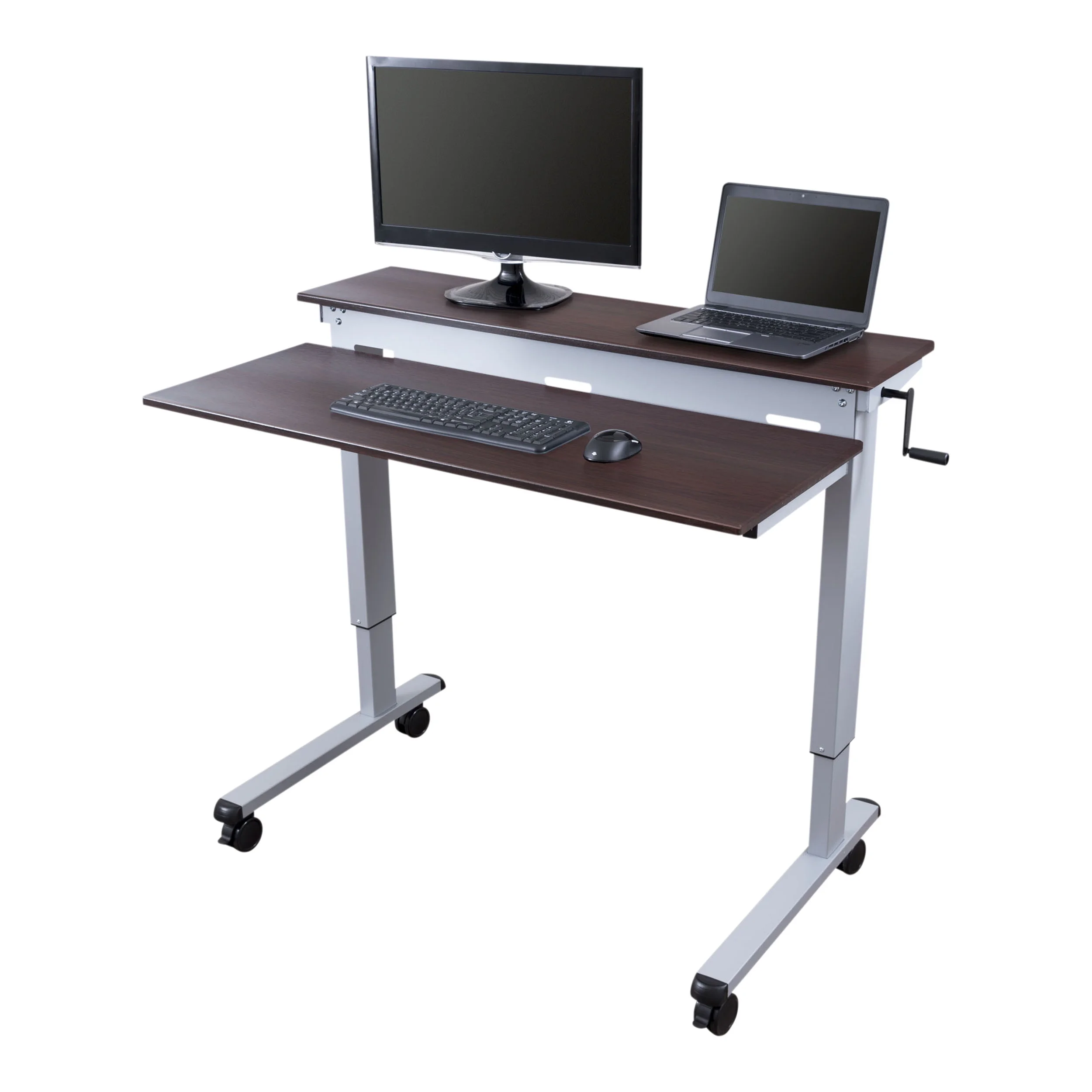 Stand Up Desk Store Crank Adjustable Tier Standing Desk with Heavy Duty Steel Frame (Silver Frame/Dark Walnut Top, 48