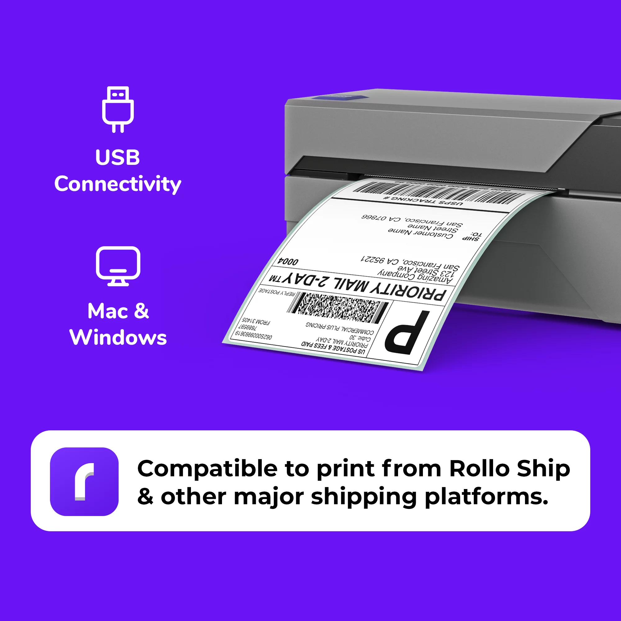 Rollo USB Shipping Label Printer - Commercial Grade 4x6 Thermal Label Printer for Shipping Packages