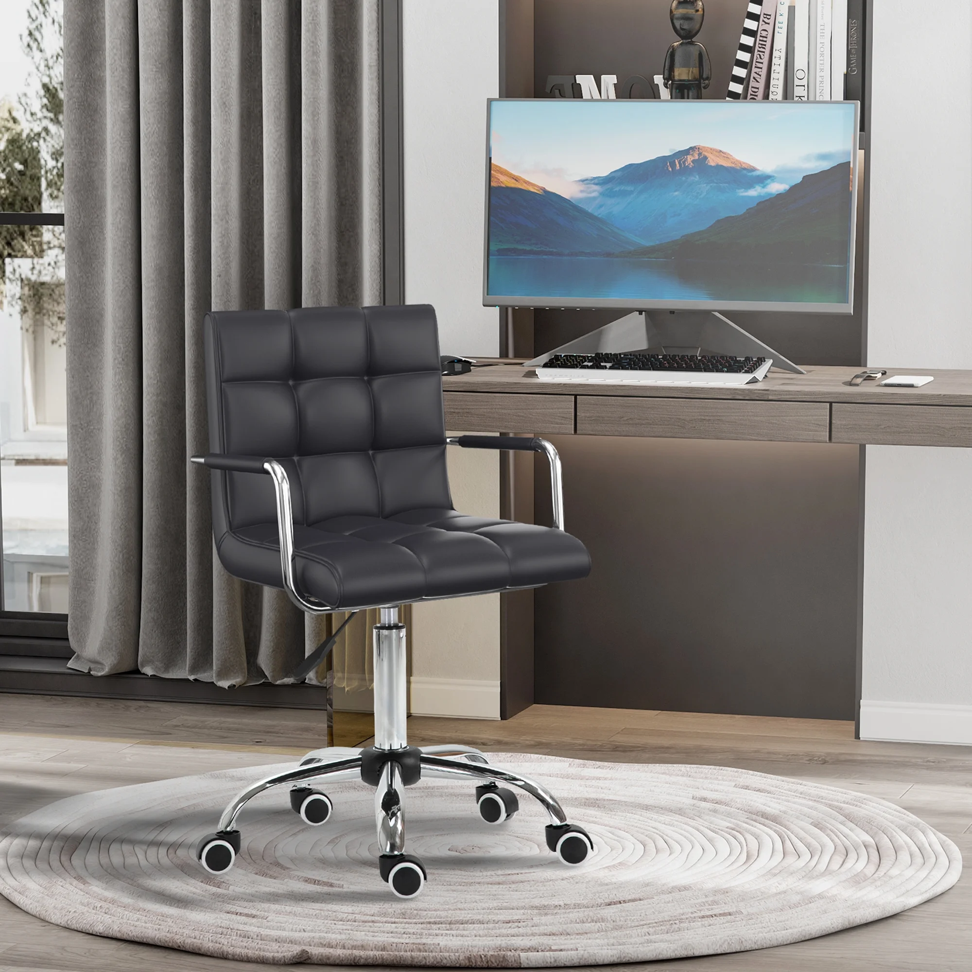 GeeHome Home Office Chair, Modern Computer Desk Chair, Task Chair with Upholstered PU Leather, Adjustable Height, Swivel Wheels, Black