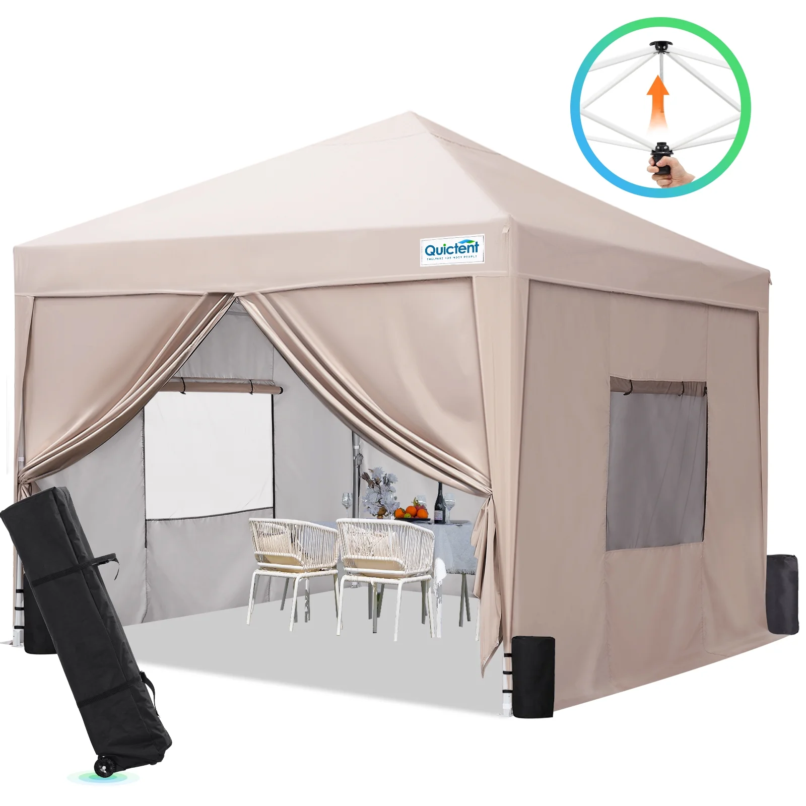 Quictent Privacy 8x8 Pop up Canopy tent Instant Folding Outdoor Canopy with Sidewalls Mesh Windows and Wheeled Bag Waterproof (Beige)