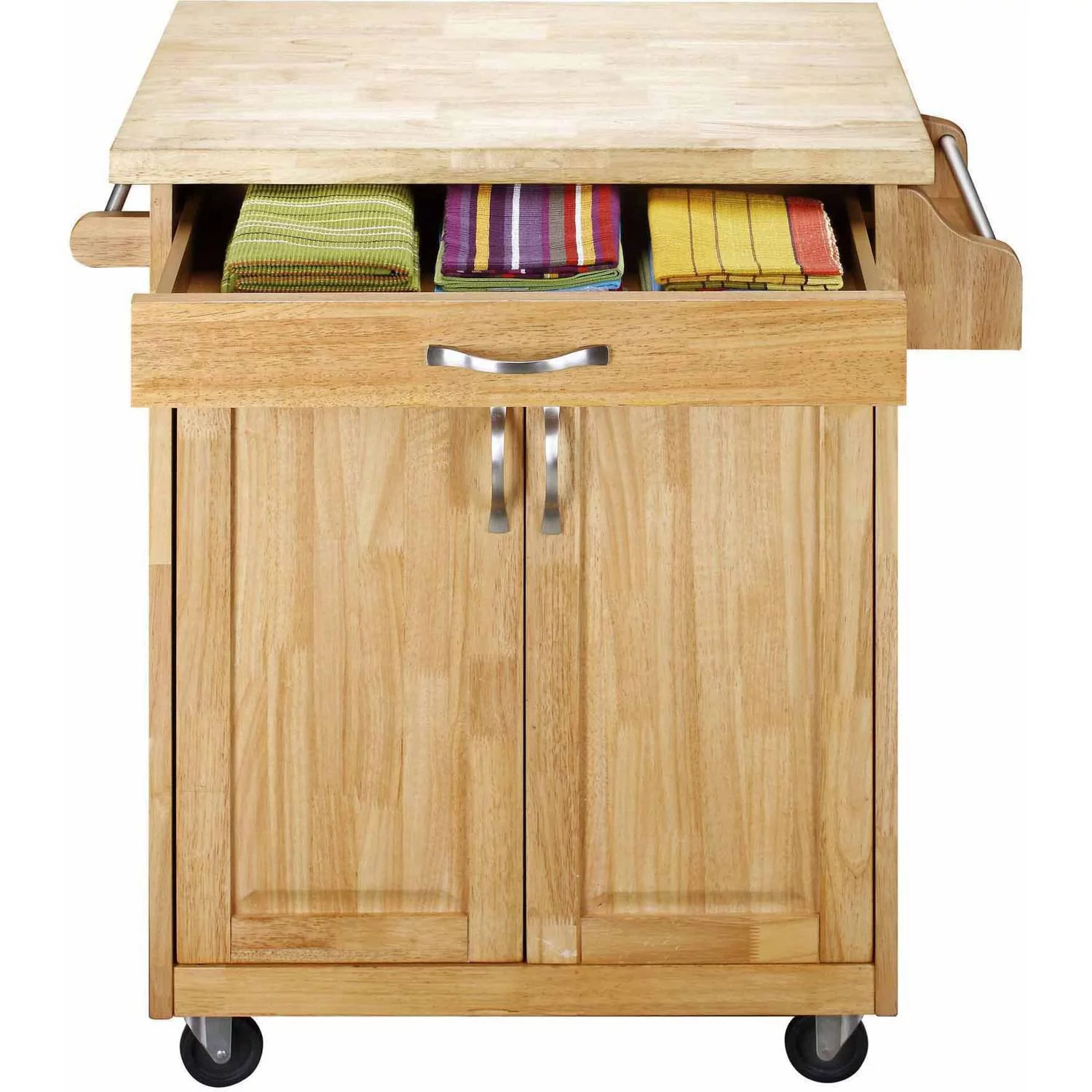 Mainstays Kitchen Island Cart with Drawer, Spice Rack, Towel Bar, Butcher Block Top, Natural